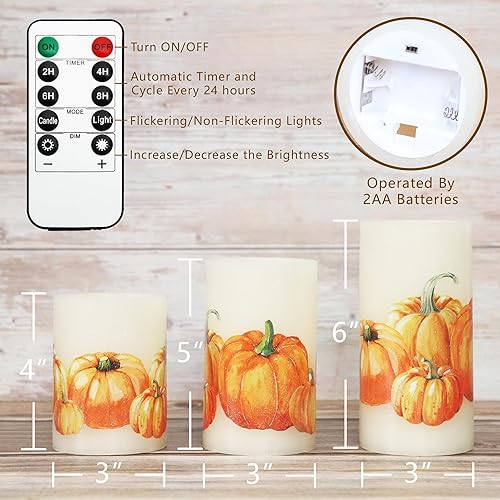 Miniatura 2 de Impress Life Velas sin llama parpadeantes de calabaza de cosecha otoñal 3 paquetes de velas adhesivas, decoración de Acción de Gracias, velas LED
