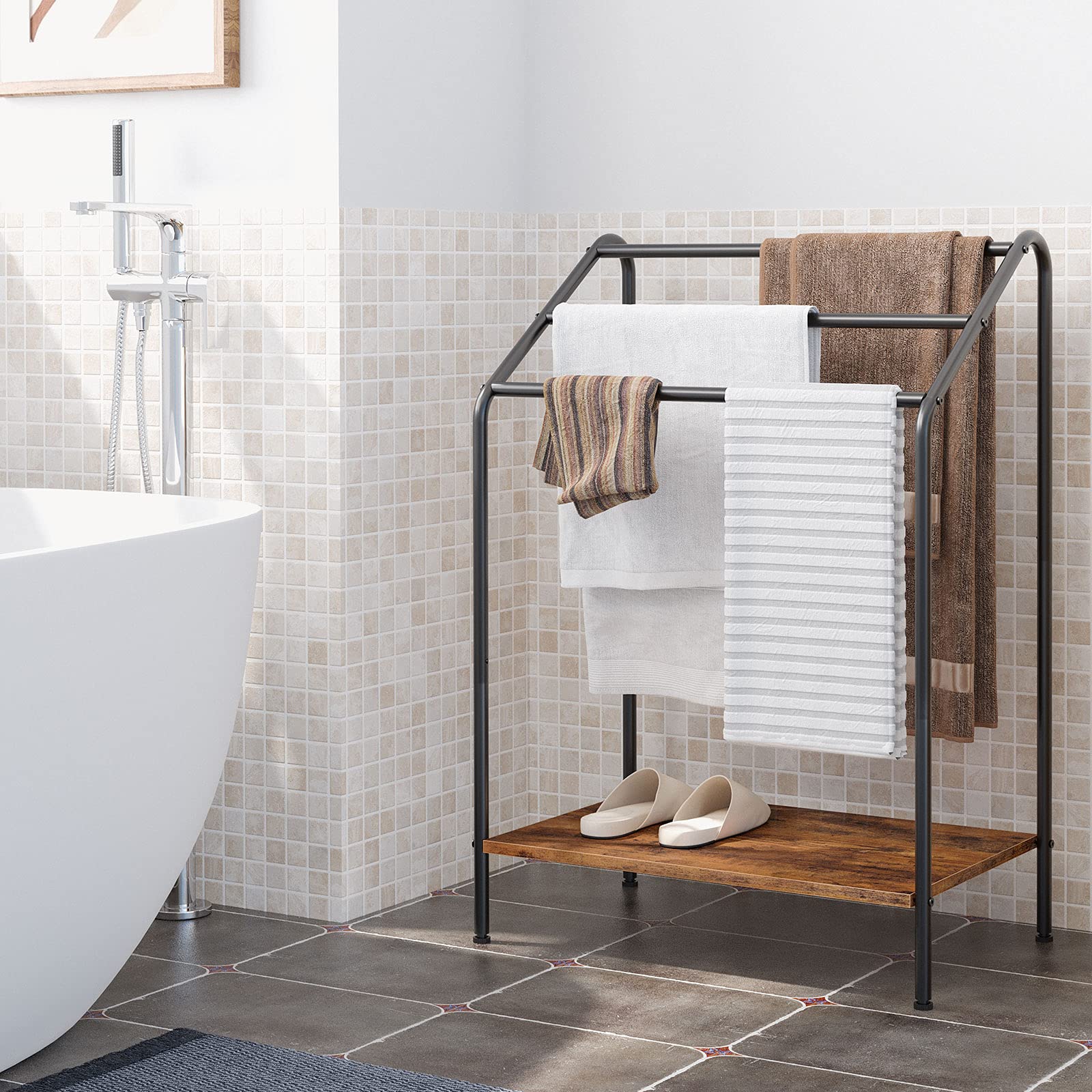 Porte-serviettes Sur Pied HOOBRO - 4 Barres + étagère - Stable Et Réglable - Pour Salle De Bain Ou Petit Espace