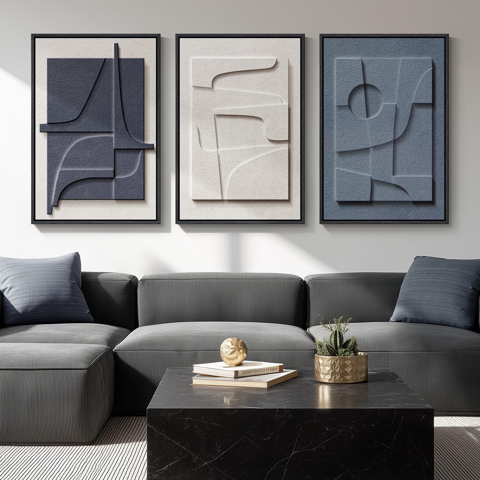 Large 3D Textured Framed Abstract Wall Art for Living Room, 3 Piece Modern Paintings Artwork for Walls, Black White Brown Geometric Sandstone Texture Pictures for Hallway Office Home Decor 24x36 In — view 42