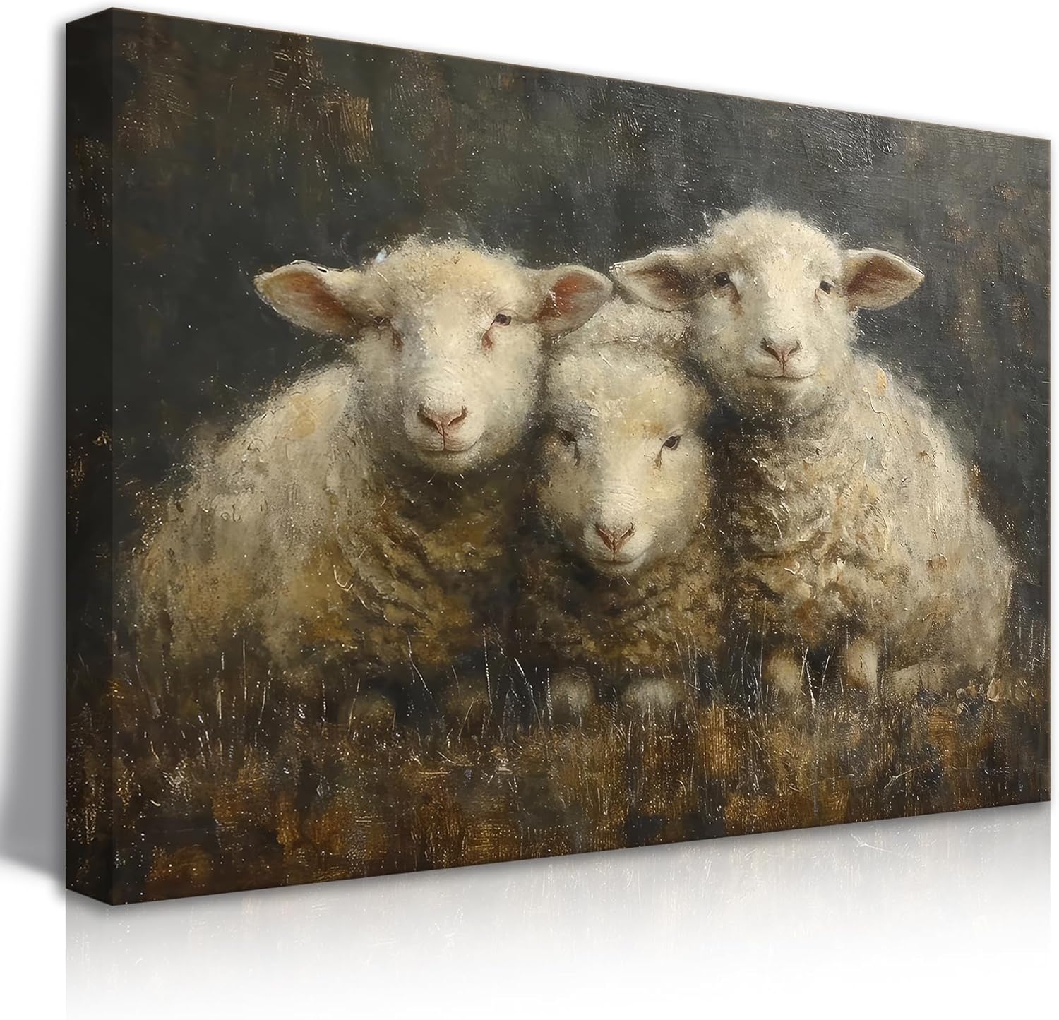Vintage Three Sheep Oil Painting Canvas Wall Art – Rustic Farmhouse Animal Wall Decor for Living Room Bedroom | Retro Country Style Lamb Art Print framed 16x24in