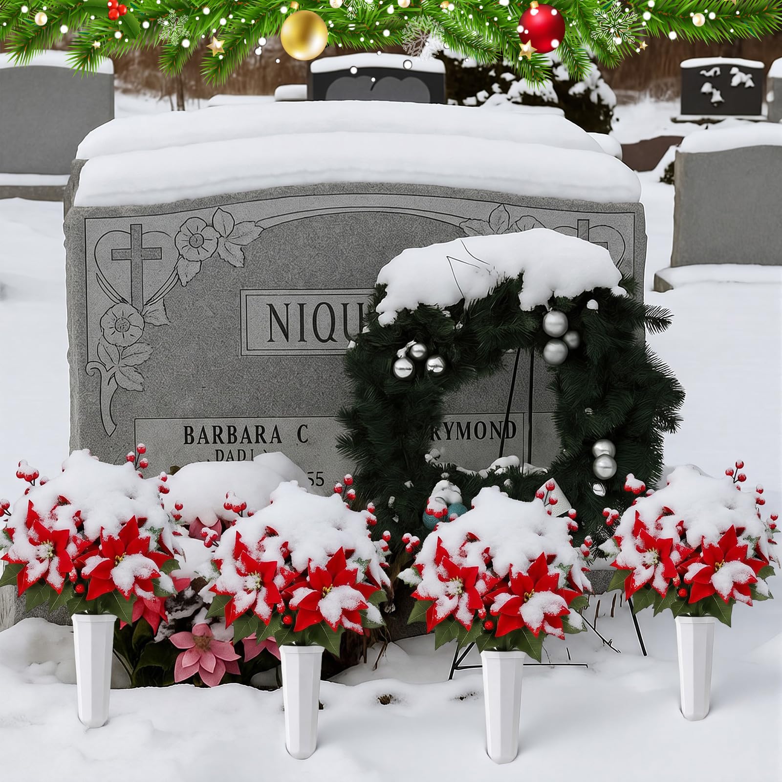 Thiccywoov Lot de 4 poinsettias artificiels de Noël avec vase pour tombe en velours rouge, bouquet de baies de cimetière, fleurs commémoratives pour décoration de cimetière