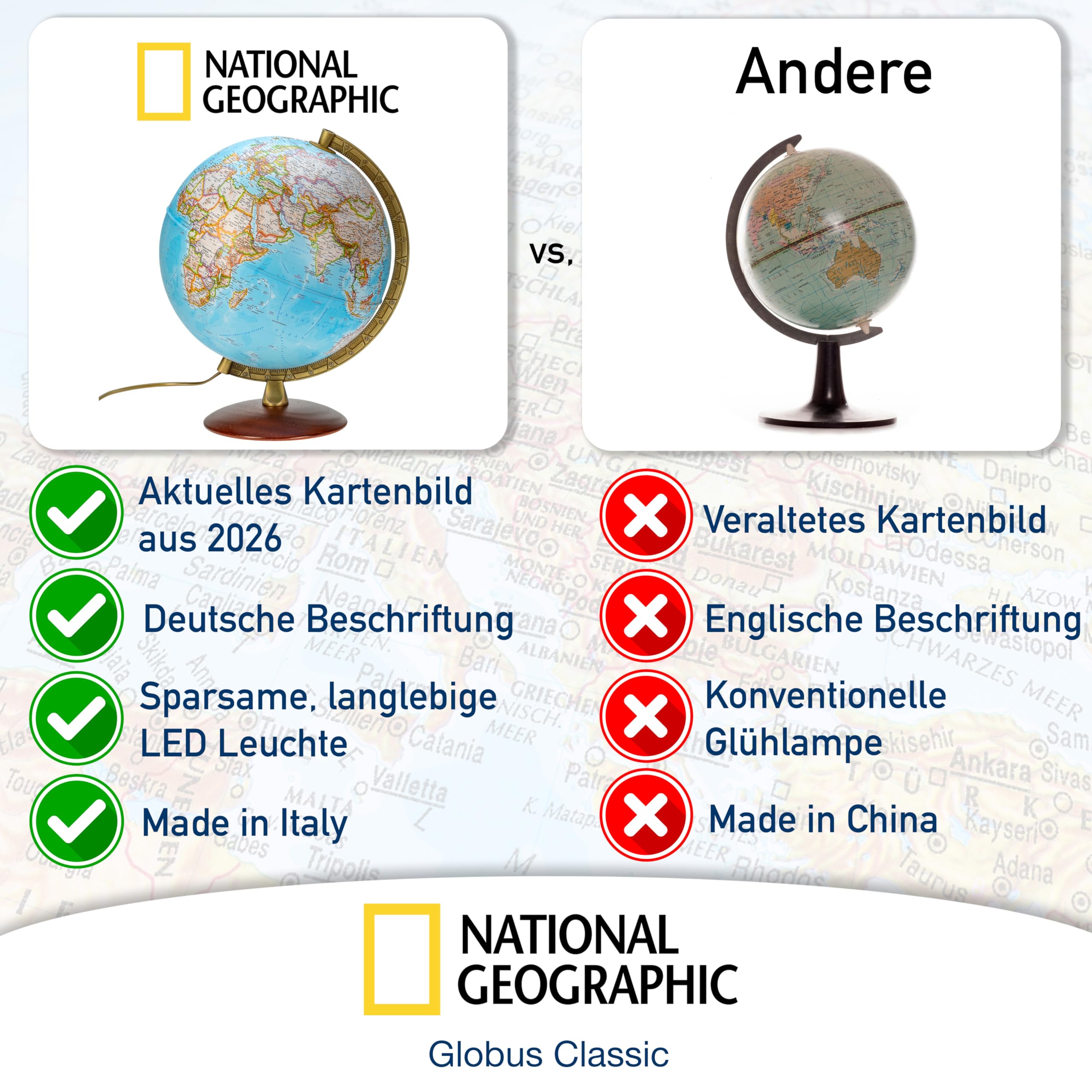 National Geographic - Leuchtglobus im klassischen Stil - 30cm Globus mit stabilem Standfuß und Metall Meridian, Kartenbild 2026 physikalisch/politisch mit LED Leuchte, aktuelles deutsches Kartenbild