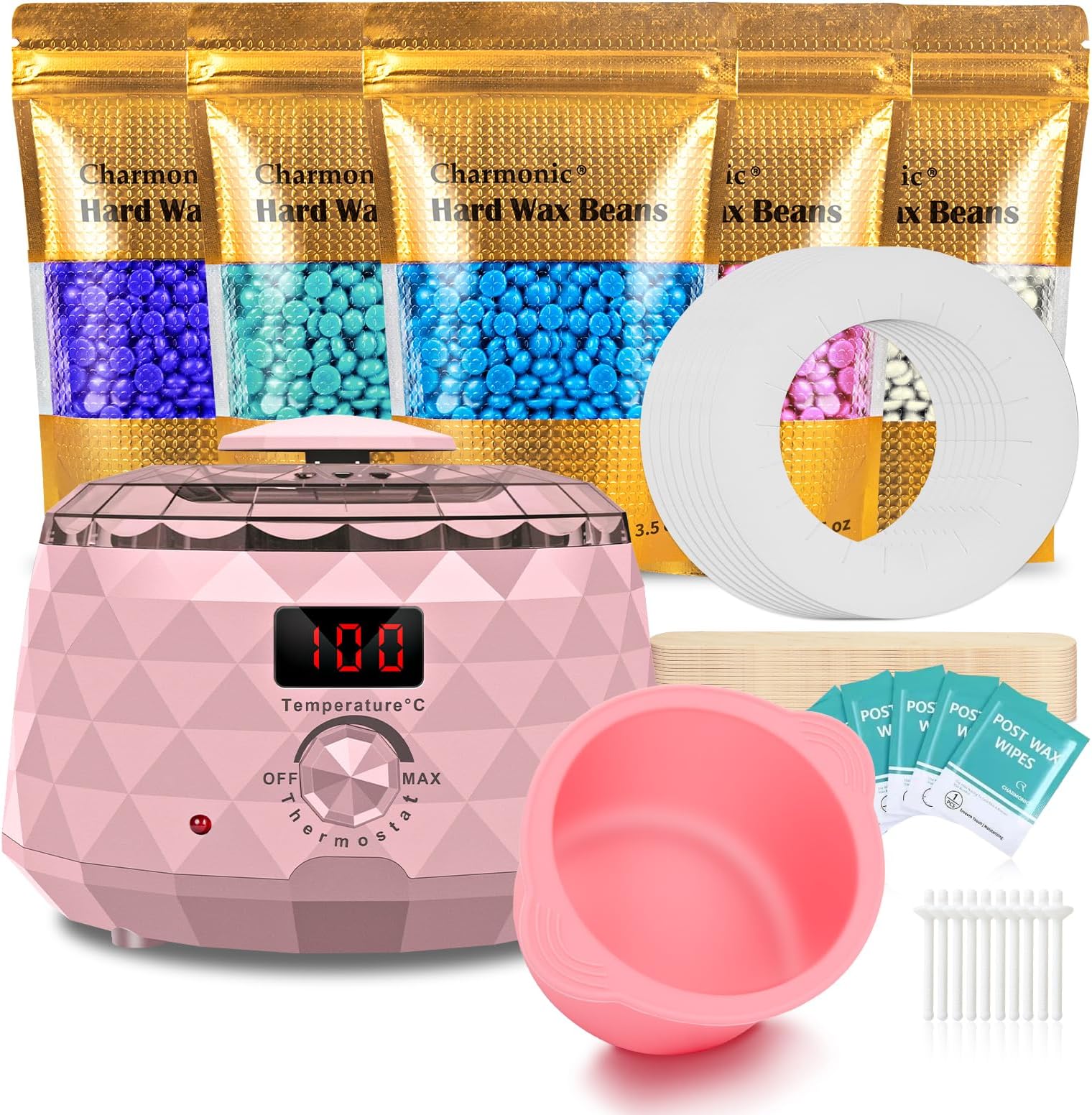 Charmonic Wax Warmer, Upgrade Digital Waxing Kit with Silicone Pot & 500g Hard Wax Beads for Whole Body Brazilian Bikini Legs Armpit Nose Hair Removal, Hot Wax Machine (Pink)