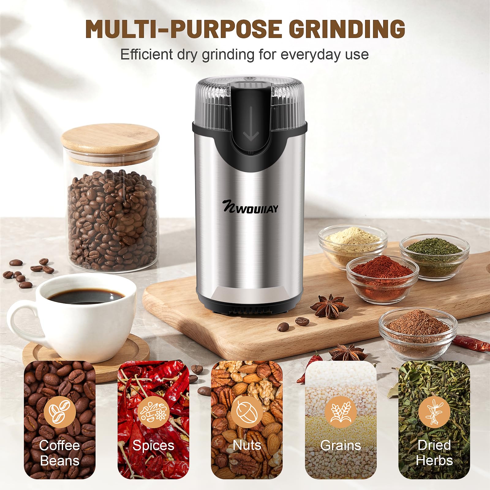 Macinacaffè Elettrico 300W Capacità 80g e Lama in Acciaio Inossidabile Macinacaffè Versatile, Adatto per Macinare Chicchi di Caffè, Spezie Facile da Usare e Pulire Perfetto per Casa o Viaggi