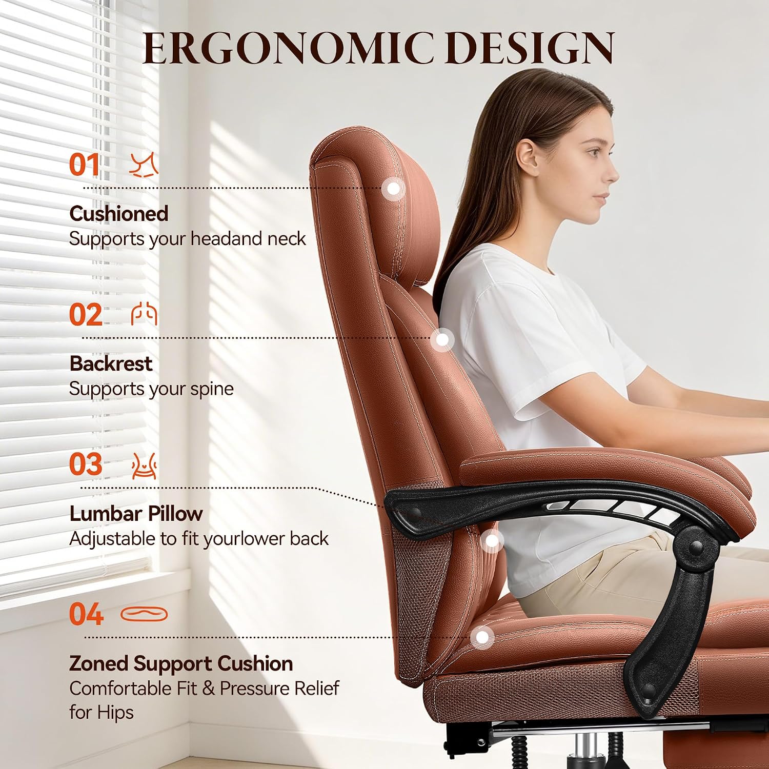 BestGlory Big and Tall Office Chair with Footrest - Ergonomic High Back Leather Executive Computer Chair | Reclining Home Office Desk Chair with Lumbar Support, Brown