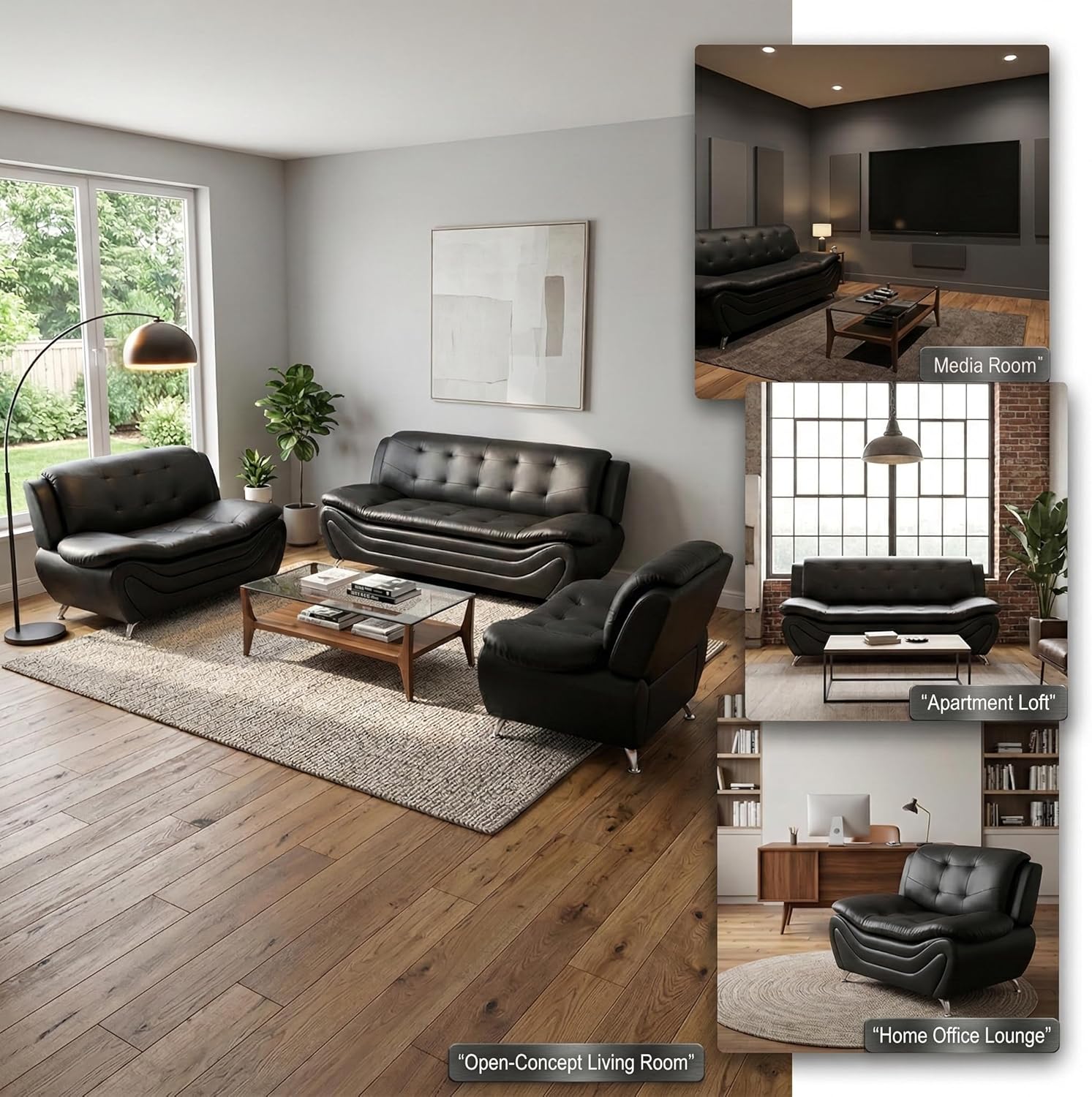 Leather Sofa Set Living Room Furniture Set 3 Piece Sofa Set - Modern Faux Leather Couch Set with Solid Wood Frame, Metal Legs, Thick Cushion Seating for Living Room Apartment Office, Black