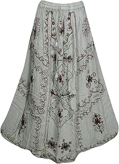 Mogul Interior Womens Grey Skirt Flowy A-Line Floral Embroidered Summer Bohemian Skirts S/M