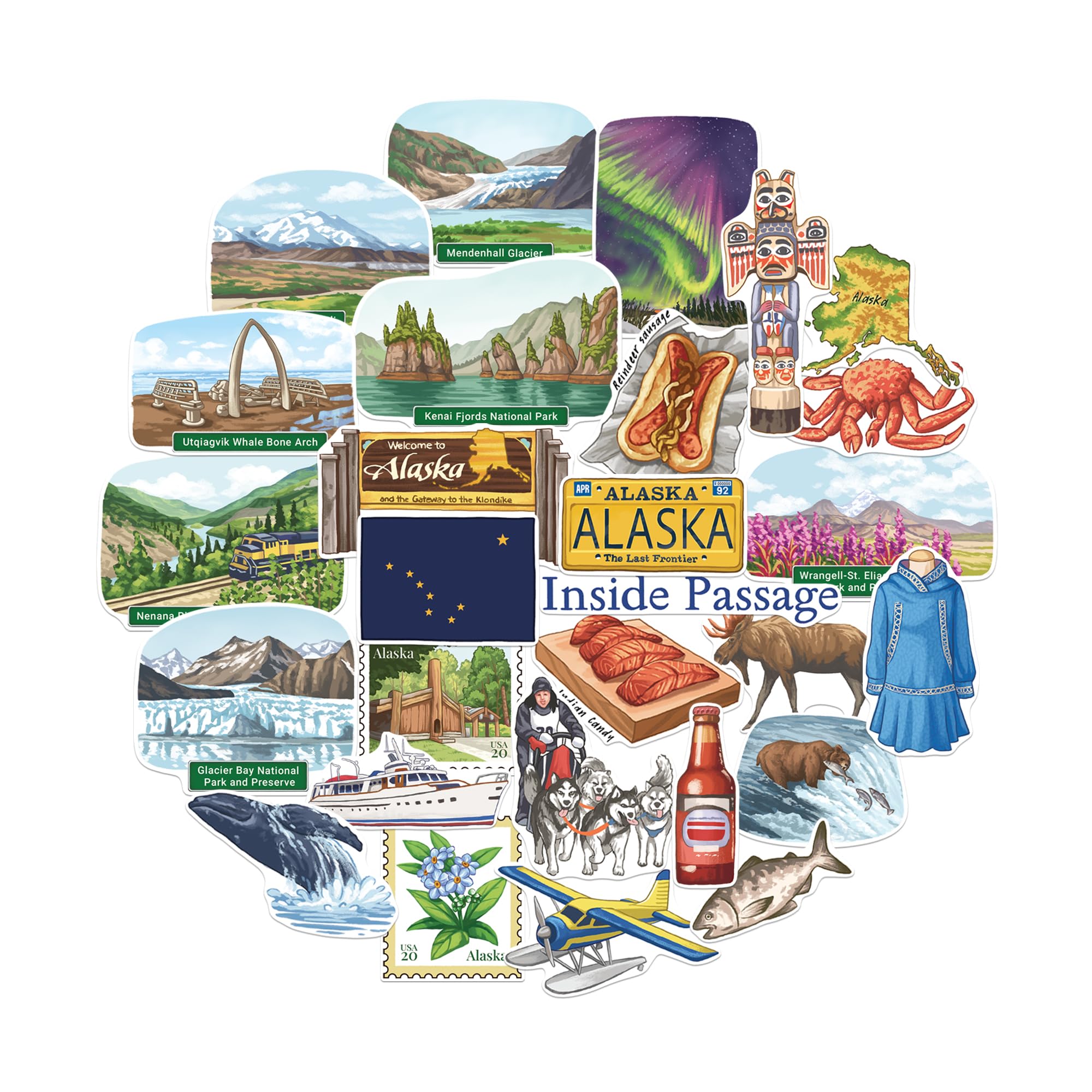 Navy Peony Wilderness Alaska State Travel Stickers (28 pcs) - Watercolor, Sitka, Alaskan, America-Themed Decals for Scrapbooking, Journals, Laptop
