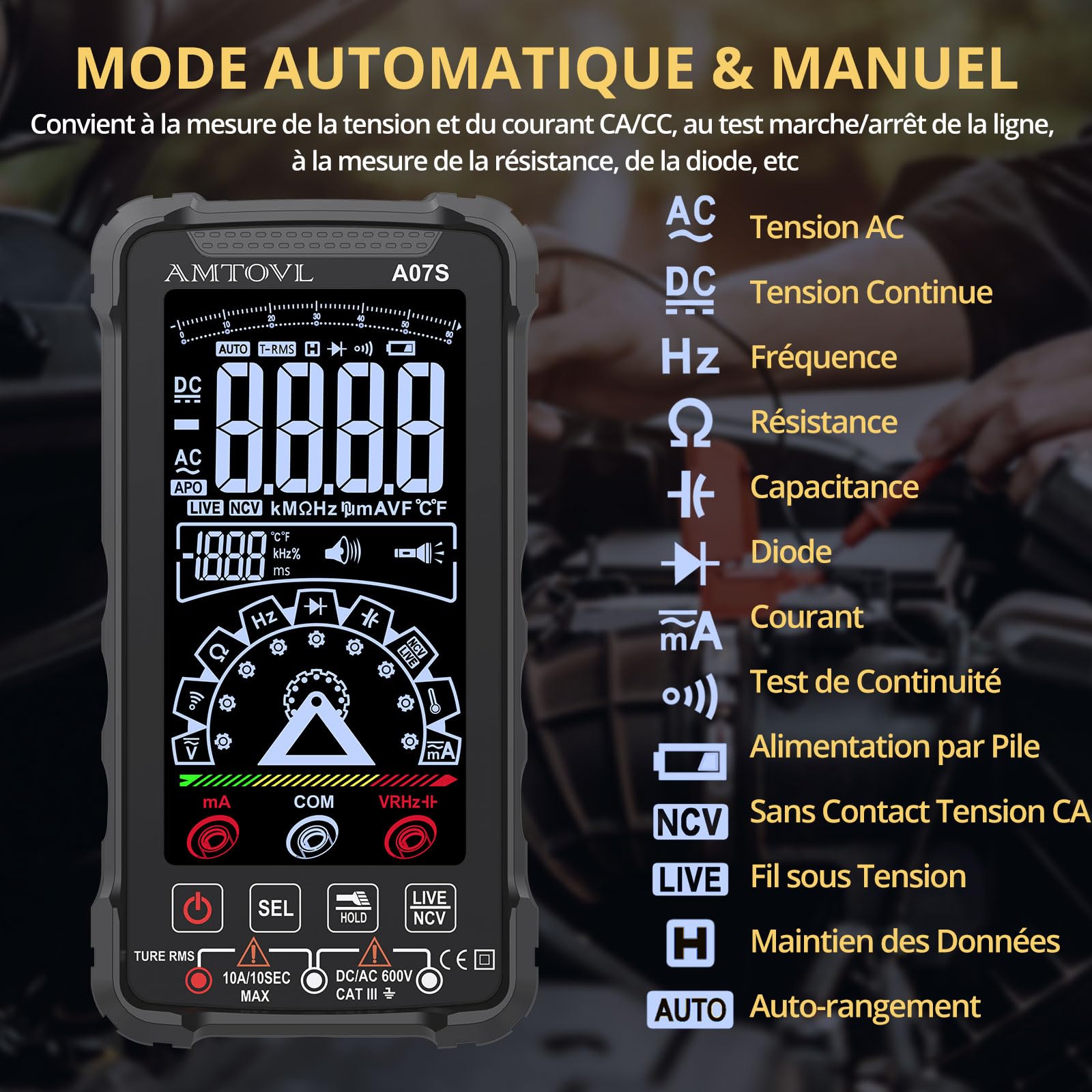 AMTOVL Multimètre Numérique 6000 Comptes Écran Couleur Multimetre Mode Manuel Auto Testeur Electrique Rechargeable TRMS pour Mesurer la Tension Courant Capacité Testeur NCV Température
