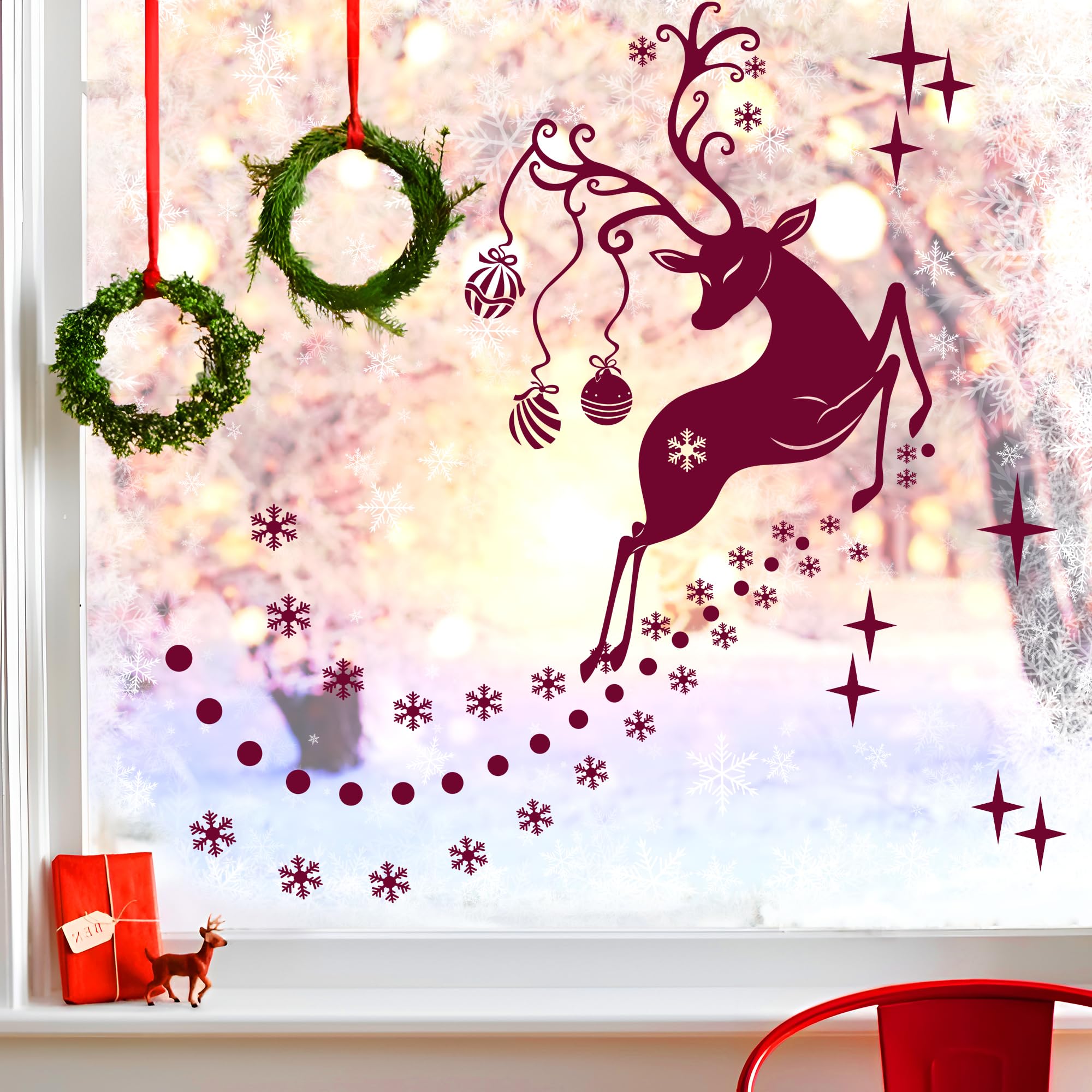 Durable Vinyl Christmas Window Stickers, Double Sided Santa Reindeer Snowflake Decorations, Removable Rudolf Xmas Decals Home, Wall, Office, Shop, Holiday Party Décor, for 1-1.2M Window, Burgundy