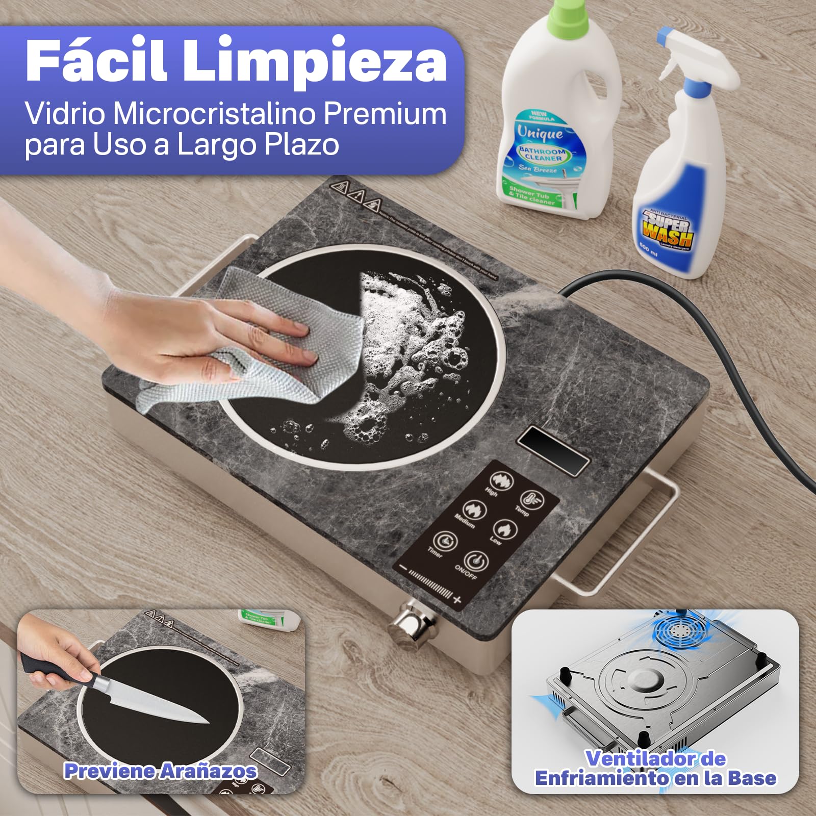 Placa Vitrocerámica Infrarroja 3500W | Cocina Eléctrica con Vidrio Microcristalino | Compatible con Todo Tipo de Sartenes | Funciones de Seguridad Integradas | Diseño Premium en Mármol
