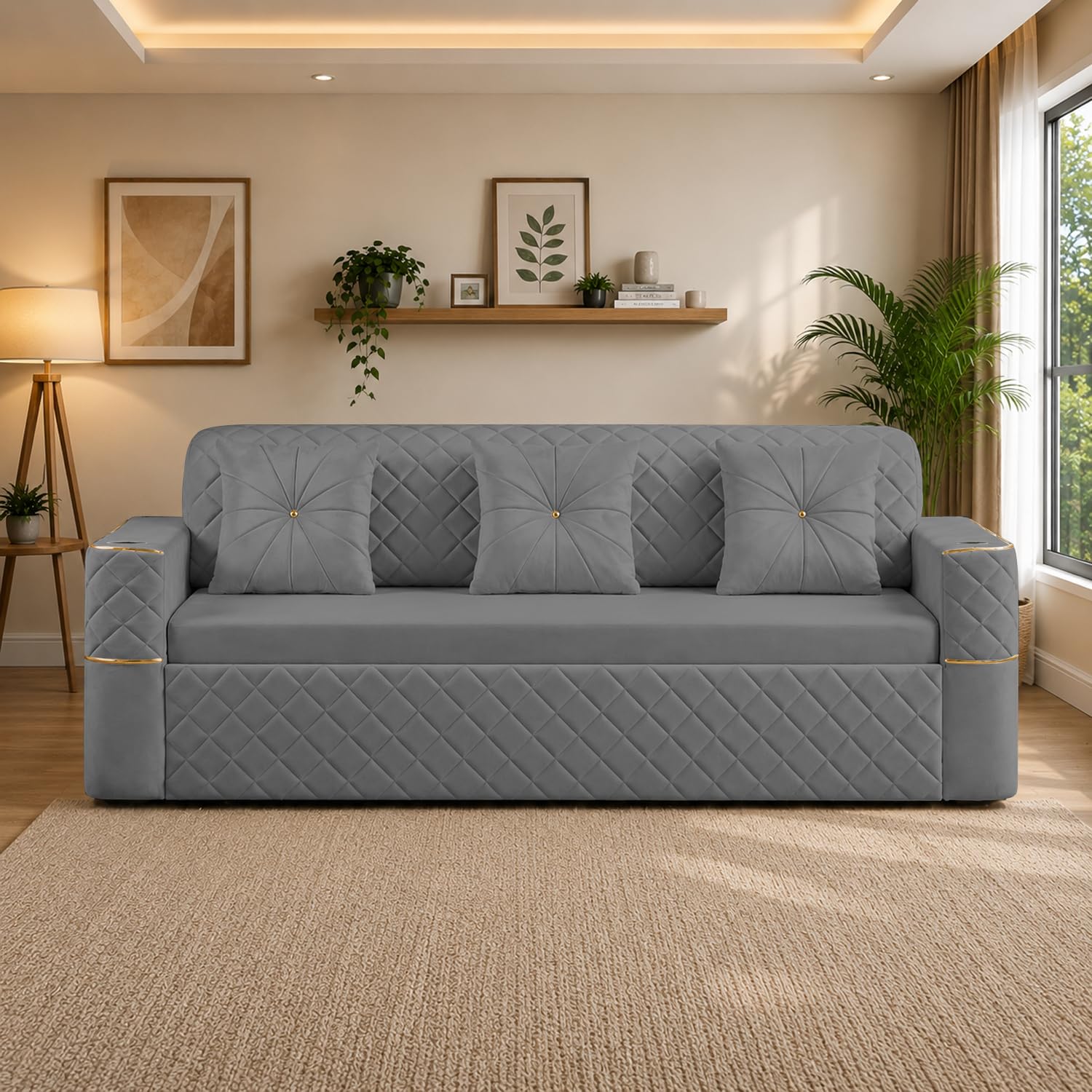 Casaliving Ronie 3 Seater Modern Velvet Fabric Sofa Cum Bed, Tufted Design Upholstered for Living Room (Dark Grey Fabric) Premium Fabric Sofa-image-19