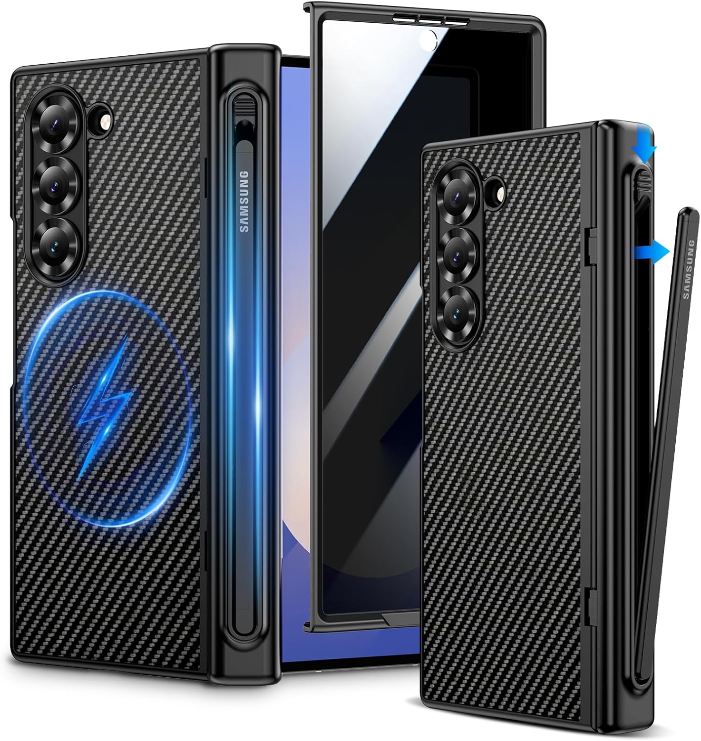 VEGO for Z Fold 6 Case with S Pen Holder, Compatible with MagSafe, with Hinge Protection & Front Privacy Screen Protector, Magnetic Slim PU Leather Cover for Galaxy Z Fold 6 - Carbon Fiber Black
