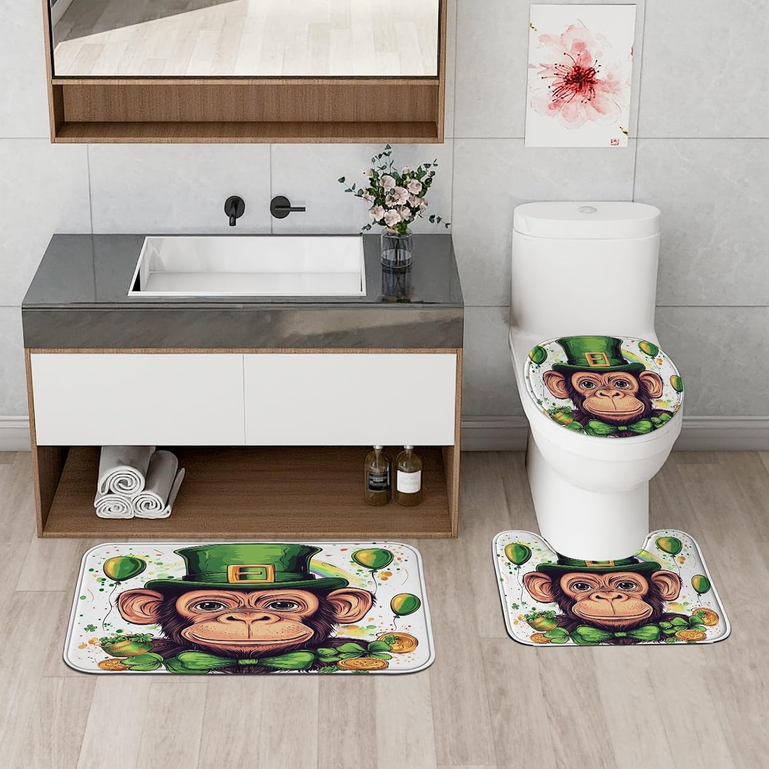 4PCS St.Patrick's Day Monkey Bathroom Accessory Sets with Non-Slip Rug, U Shape Toilet Lid Cover Mat, Fun Cartoon Animal Bathroom Decoration 72''x72''