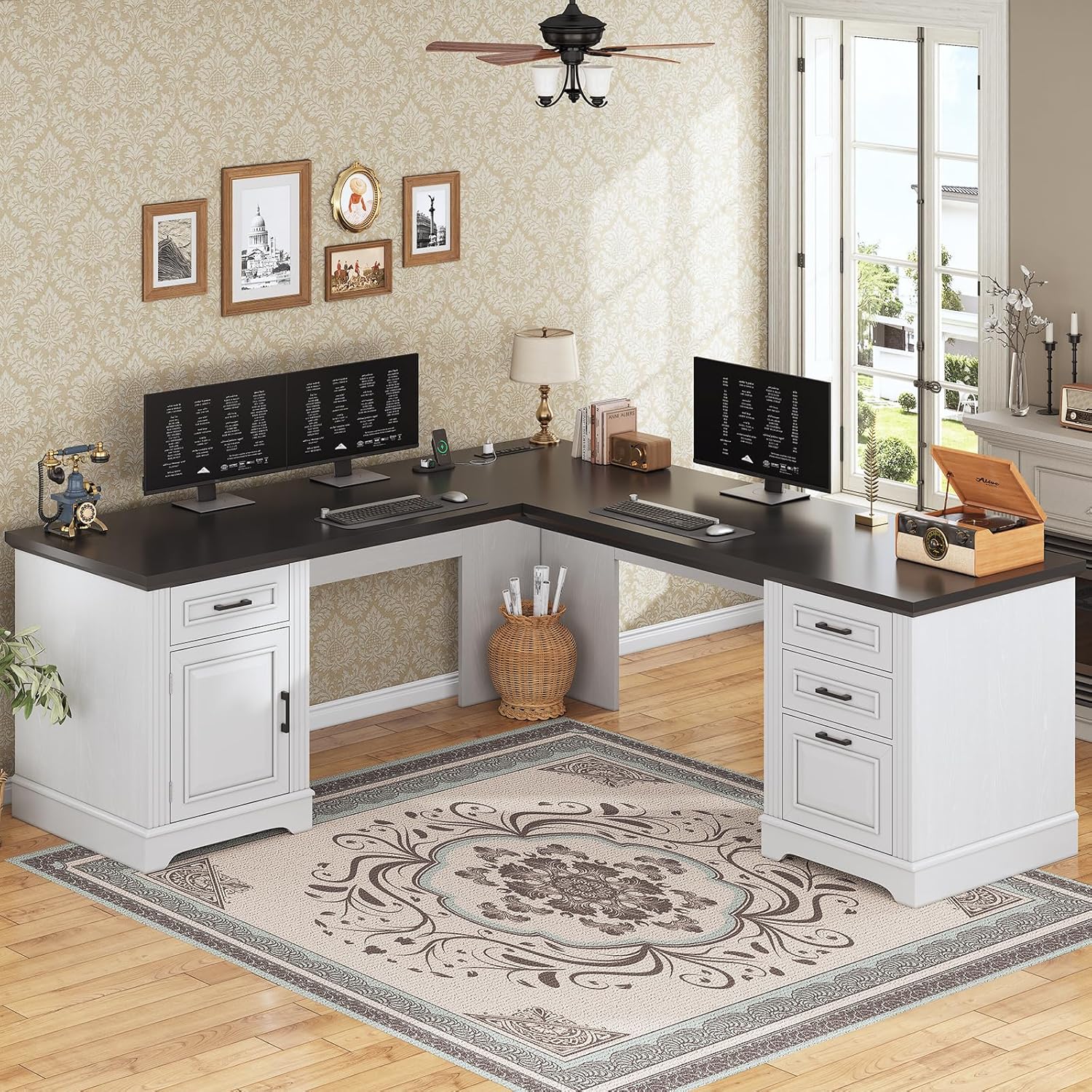 SEDETA Farmhouse 69" Executive L Shaped Desk, Home Office Desk with Drawers and Storage Cabinet & Power Outlet, Corner Computer Desk, White