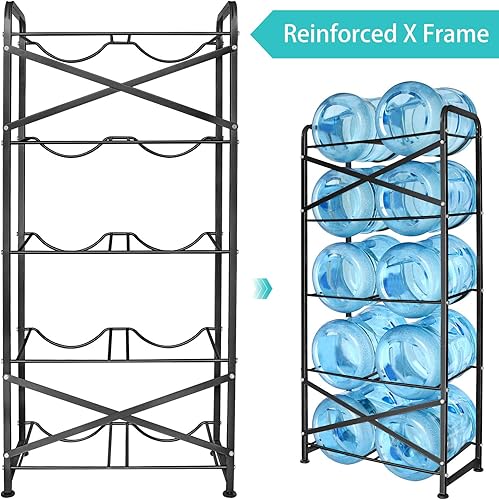 Miniatura 6 de Ationgle Soporte para botellas de agua de 5 galones para 10 botellas, 5 niveles resistente con marco de refuerzo para cocina y oficina, color negro