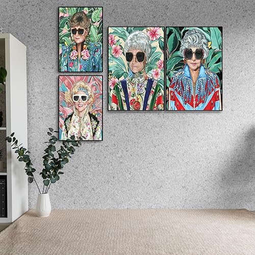 Miniatura 2 de Póster dorado de lujo de los años 80 para niñas (juego de 4 piezas) de Sophia Dorothy Blanche con lentes de sol, impresiones en lienzo floral