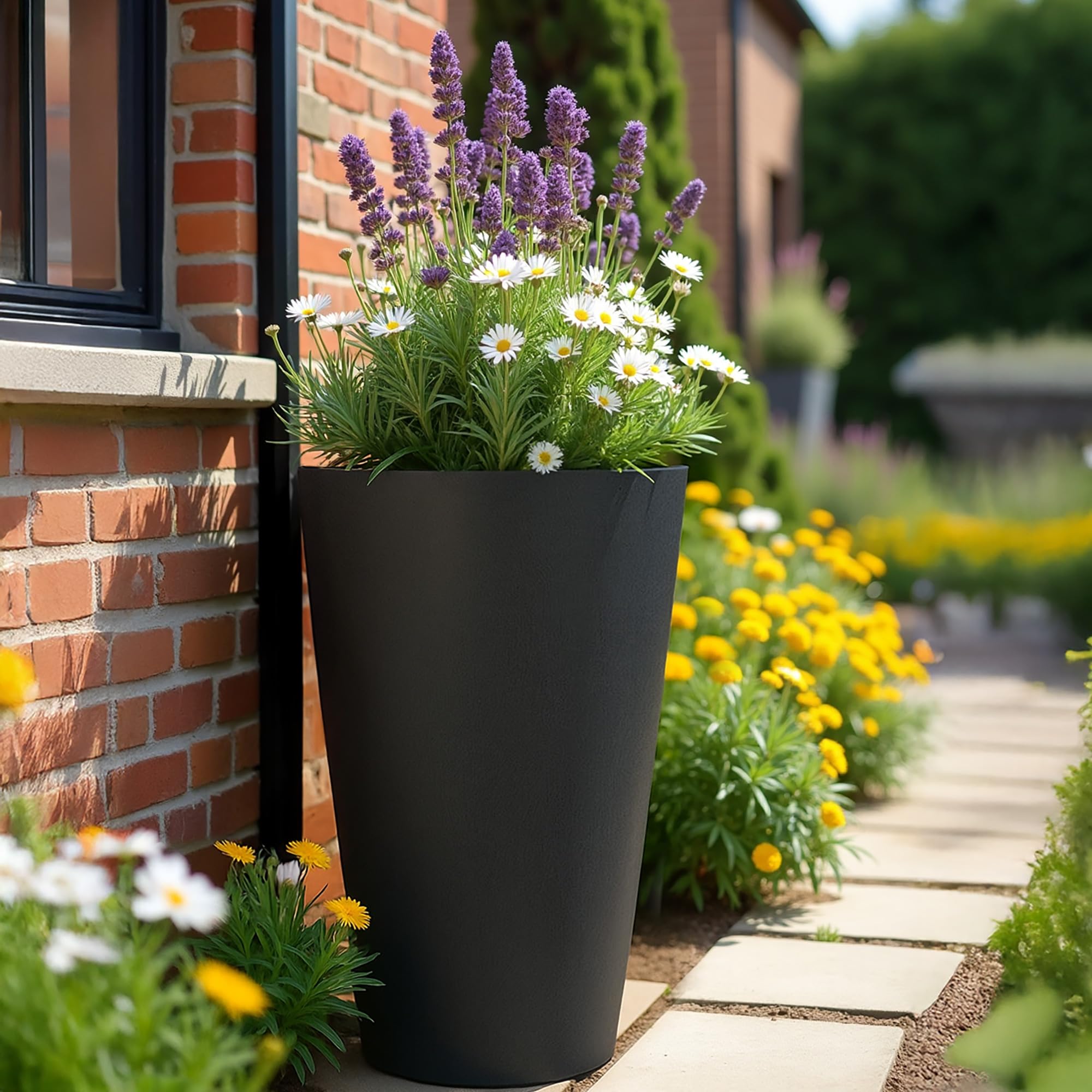 IDEALIST 57cm Large Tall Plant Pot | Dark Grey Reinforced Stone Garden Planters with Drainage Holes D41 H57 cm, with Inner Top D35 cm, 49 litres