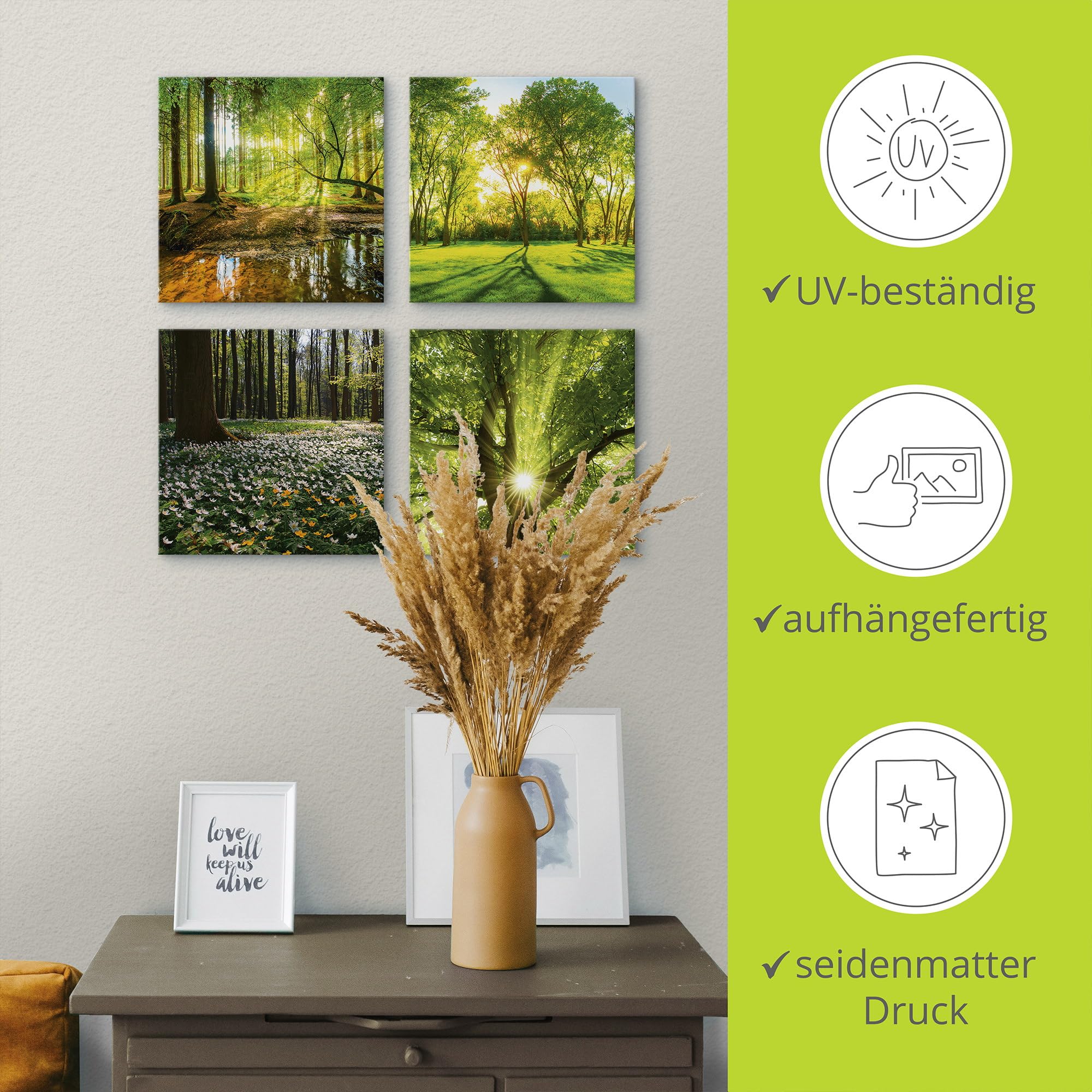 ARTLAND Wanddeko Leinwand Bilder Natur Set 4 tlg. je 40x40 cm Quadratisch Wandbilder Landschaft Wald Bach Frühling Sonne Baum K2FR