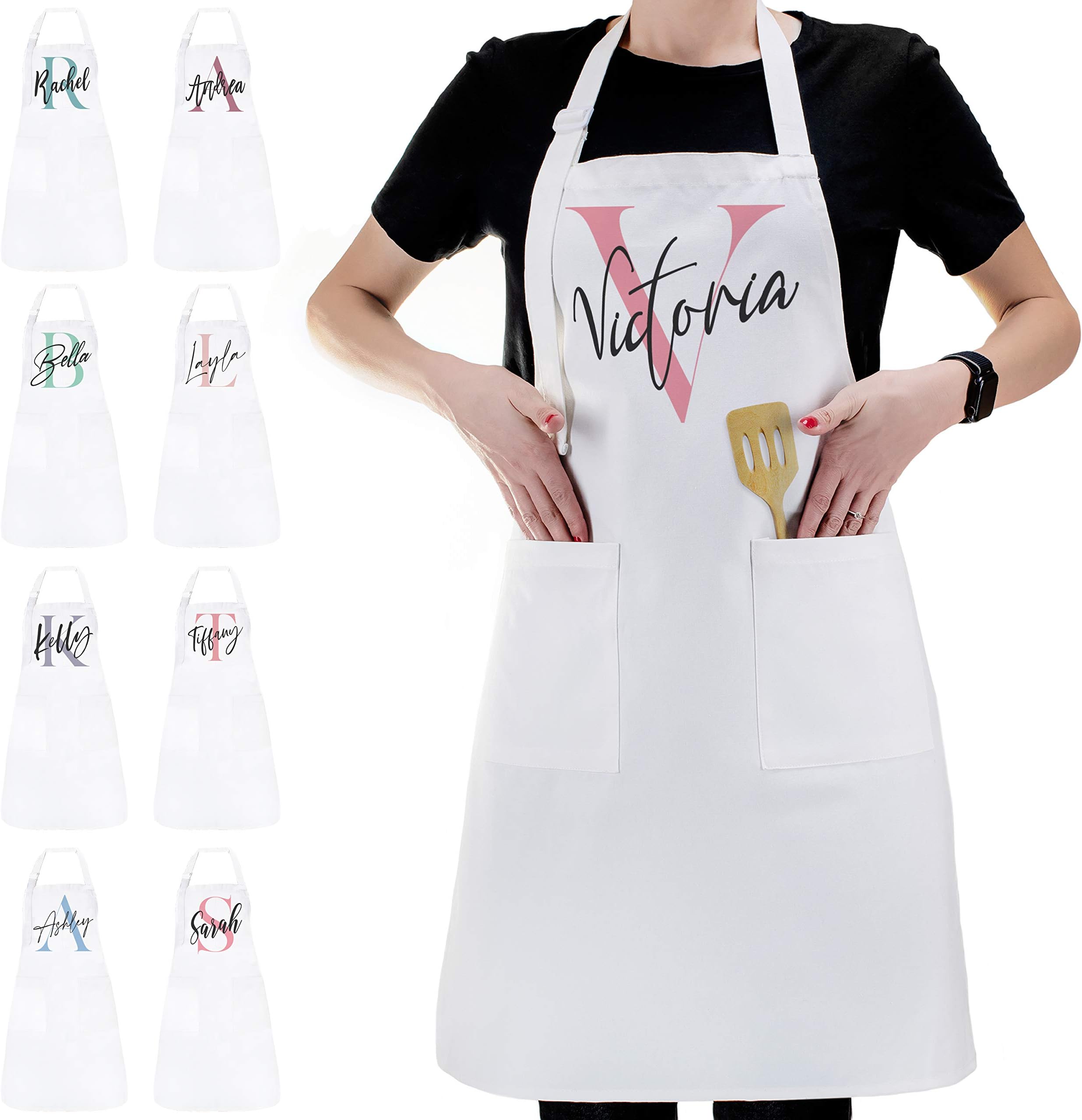 Personalized Initial Name Apron Kitchen Gifts for Women Man - Custom Initial Design Chef Cooking BBQ Grill Baking Barbecue White Aprons - Cute Gifts for Womens Men - Unisex Cotton - Add Your Text -C02