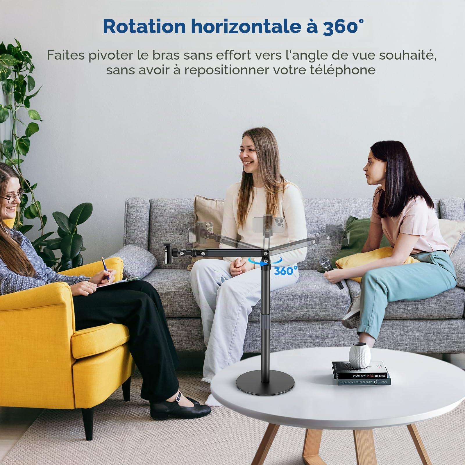 Support Vidéo pour TéLéPhone Portable, Support De TéLéphone De Bureau Réglable à 360°, Base Solide, Compatible avec iPhone/Samsung/Huawei/Xiaomi/Smartphone One Plus