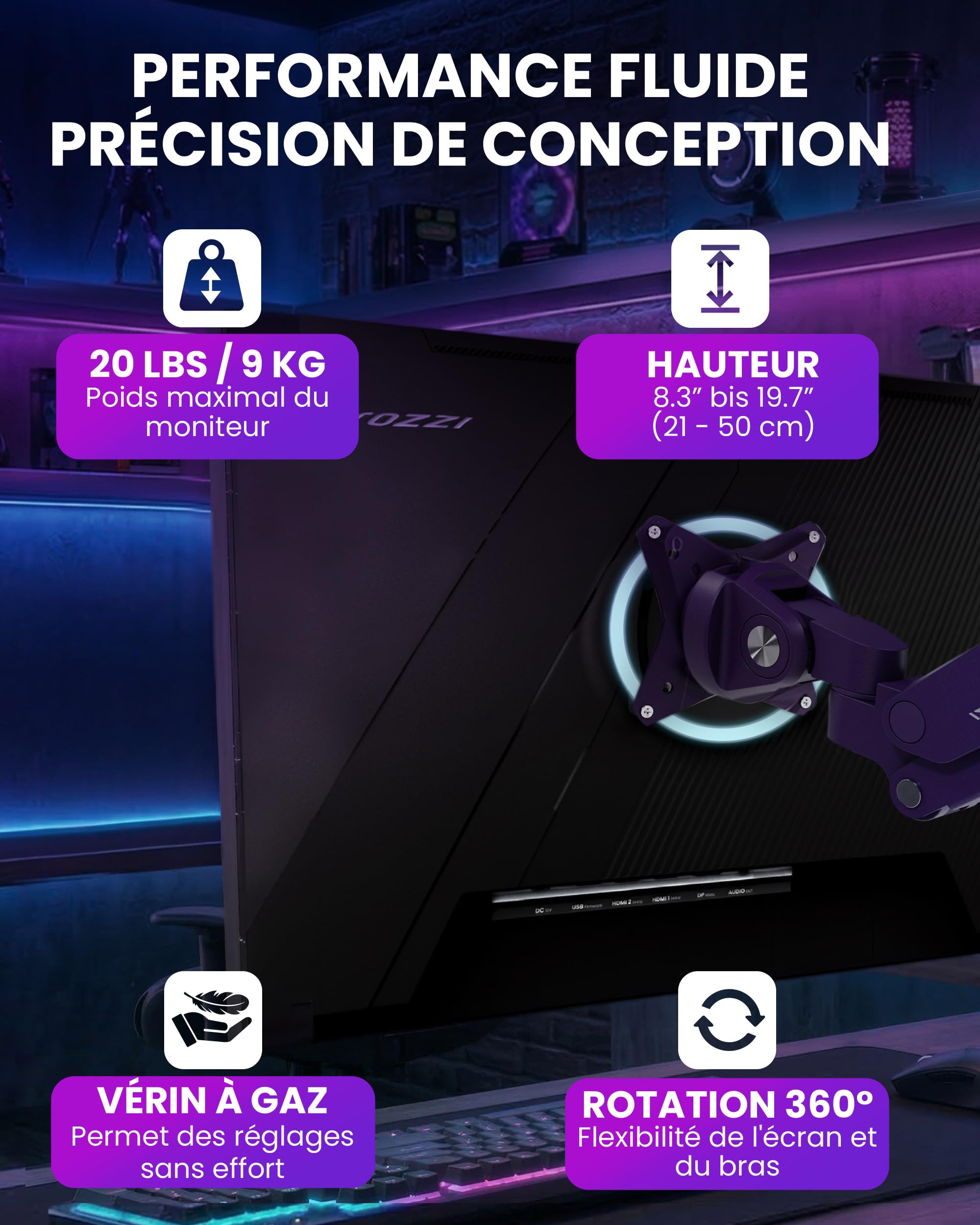 Arozzi Alzare Neo Single Bras Moniteur Ressort à Gaz - Pleine Mobilité, Hauteur Réglable 21–50 cm, VESA 75/100, Gestion des Câbles - Pince de Bureau & Passe-Câble Inclus - Jusqu'à 9 kg - Violet