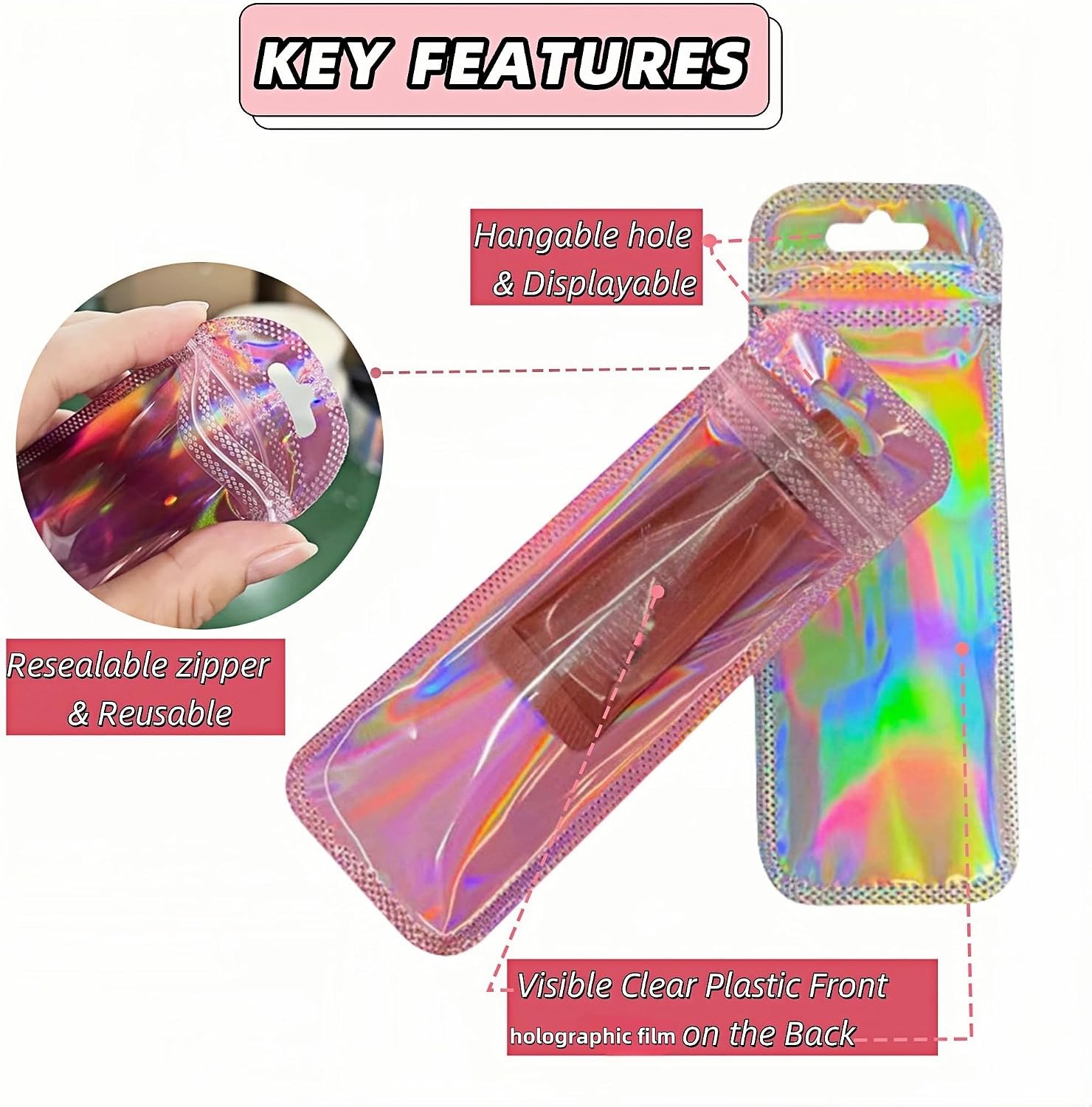 FERENLI 100 Pcs Resealable Holographic Pen Bags with Hang Hole 3.3x7.3 inch (8.5x18.5 cm) Clear Plastic Pouch Packaging Bag for Small Business Party Favor Jewelry Brushes Craft Supplies
