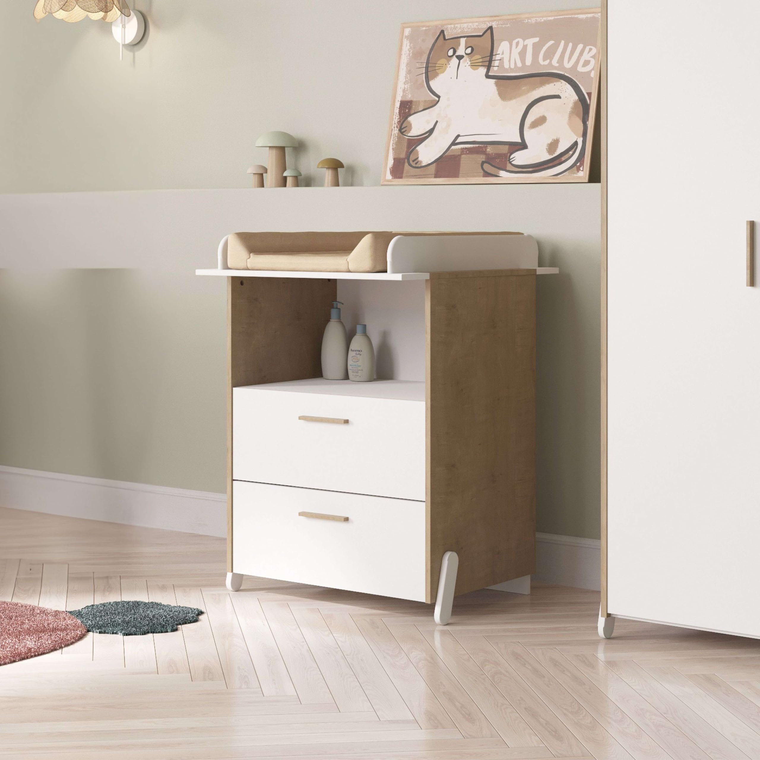 Miroytengo Cómoda Juvenil Infantil Naili 2 Cajones Dormitorio Roble Hamilton y Blanco Mate 73X74 cm