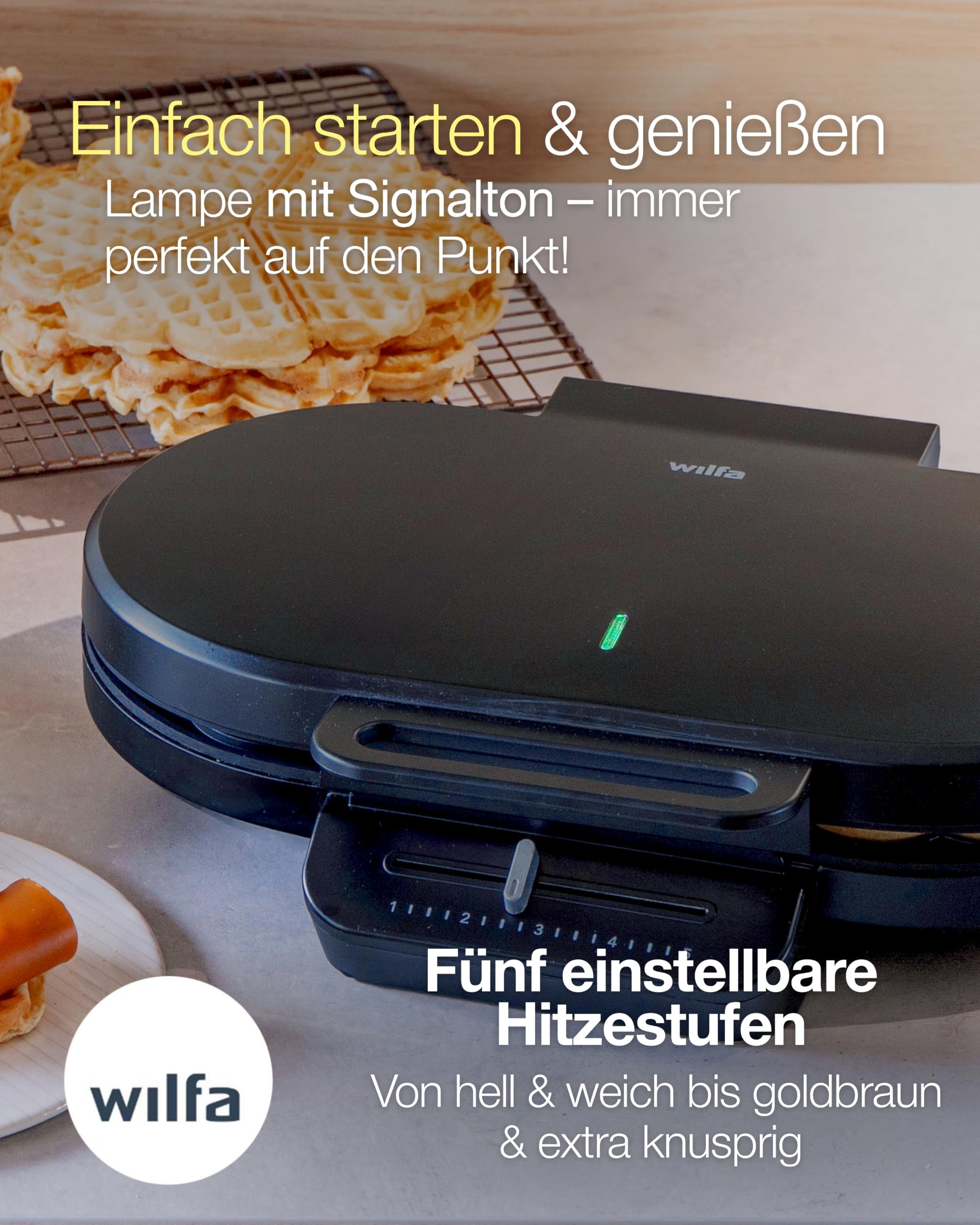 Wilfa BELL Waffeleisen I 1400W Power & 21 cm XXL Herzwaffel I Herzwaffeleisen mit 7 Bräunungsstufen, Signalton & doppelte Antihaftbeschichtung I Schnelles Aufheizen & gleichmäßige Bräune