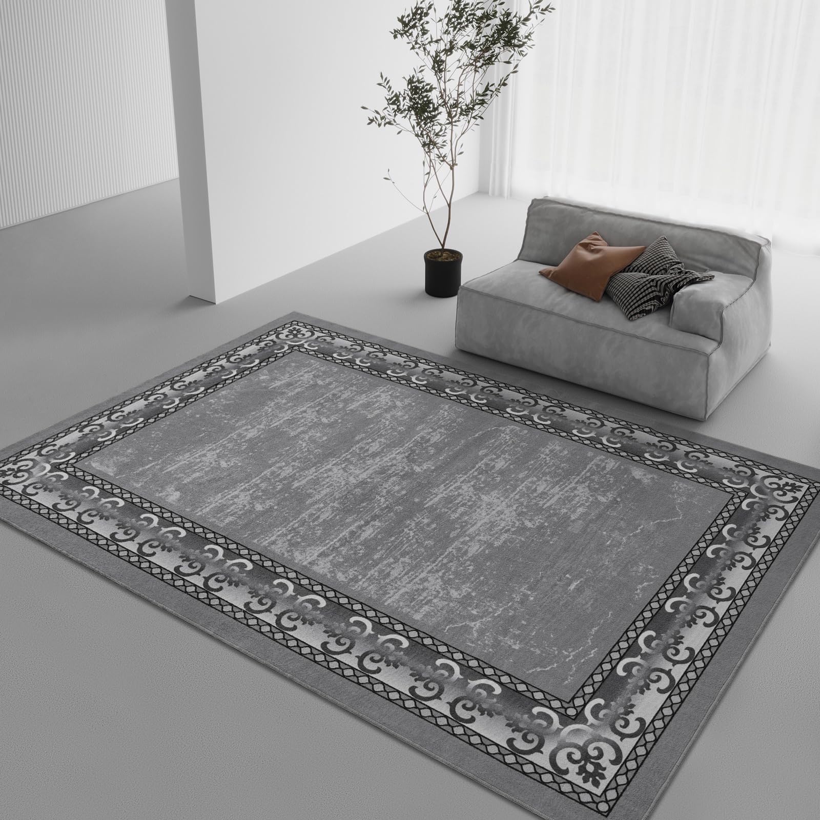 DweIke Large Rug Modern Bordered 6x9 Area Rug for Living Room Office, Dining Room Rug, Bedroom Carpet, Luxury Rubber Backing (Non-Slip) Low Profile Pile Indoor Washable Area Rugs, (6' x 9', Grey)