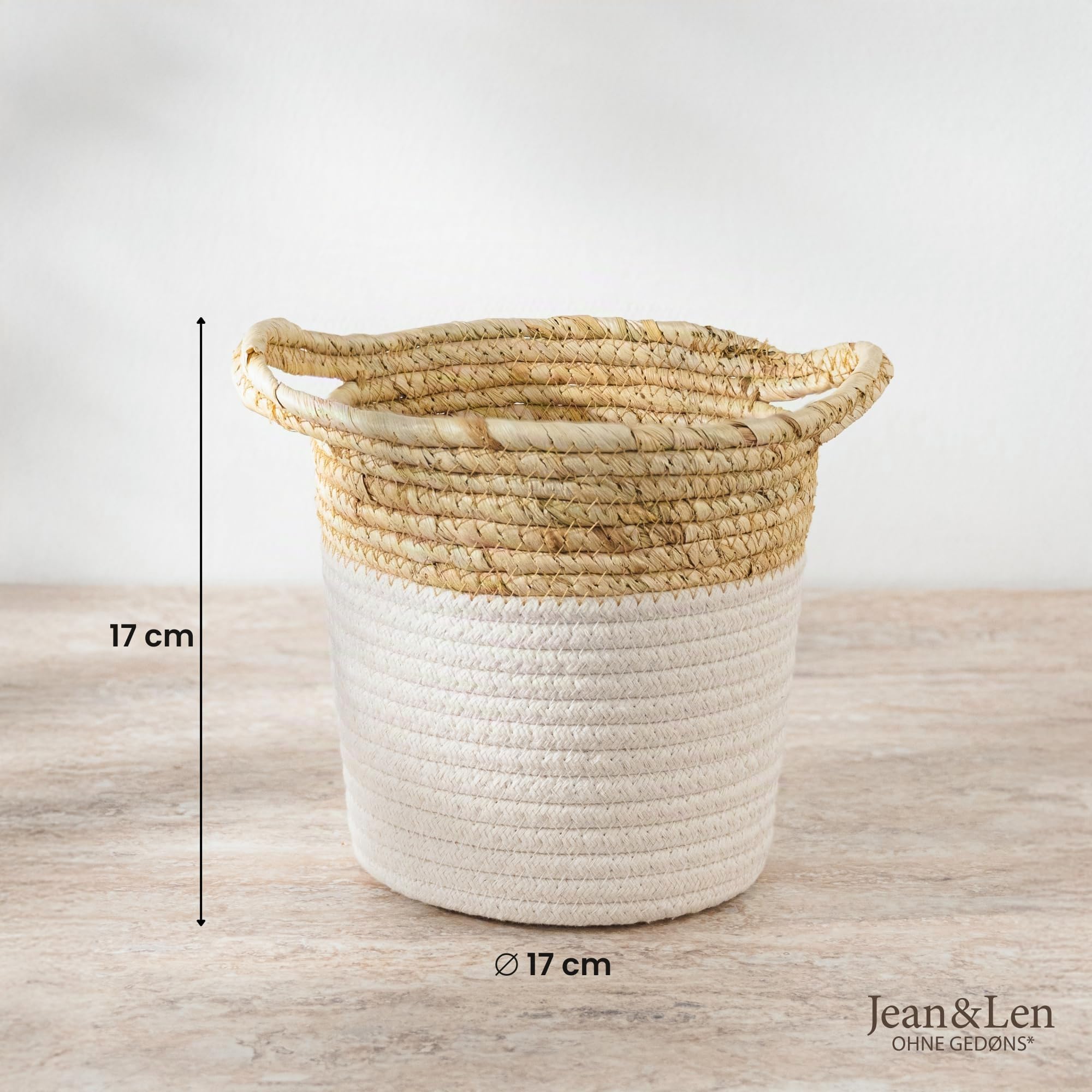 Jean & Len cesto portaoggetti, rotondo, in cotone e paglia, versatile per asciugamani, cosmetici e piccoli accessori, soluzione di conservazione decorativa e duratura, 17 x 17 cm