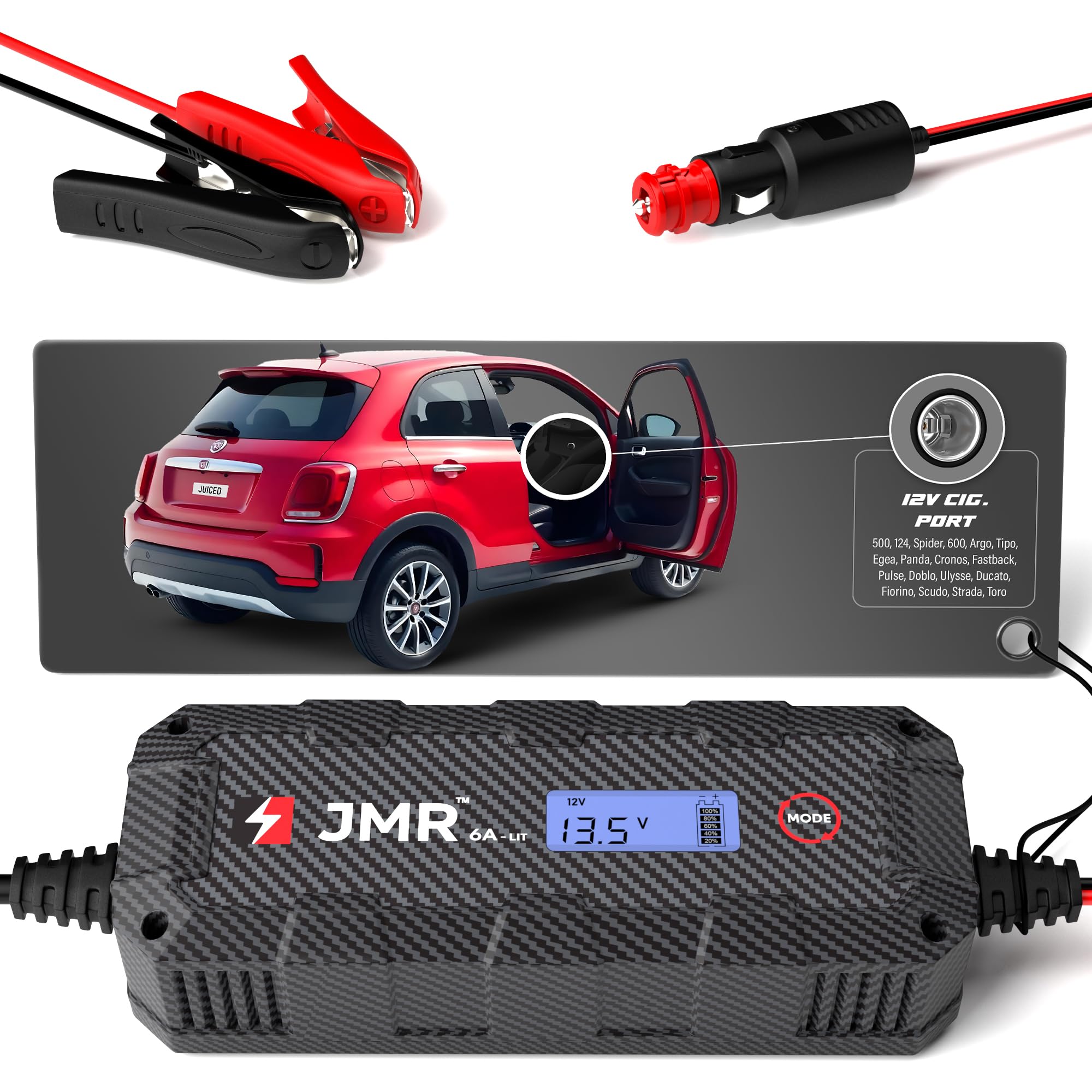 JMR Battery Charger for Fiat 500 124 Spider 600 Argo Tipo Egea Panda Cronos Fastback Pulse Doblo Ulysse Toro All Models Trickle Charger Conditioner Maintainer (Add Lithium Mode)
