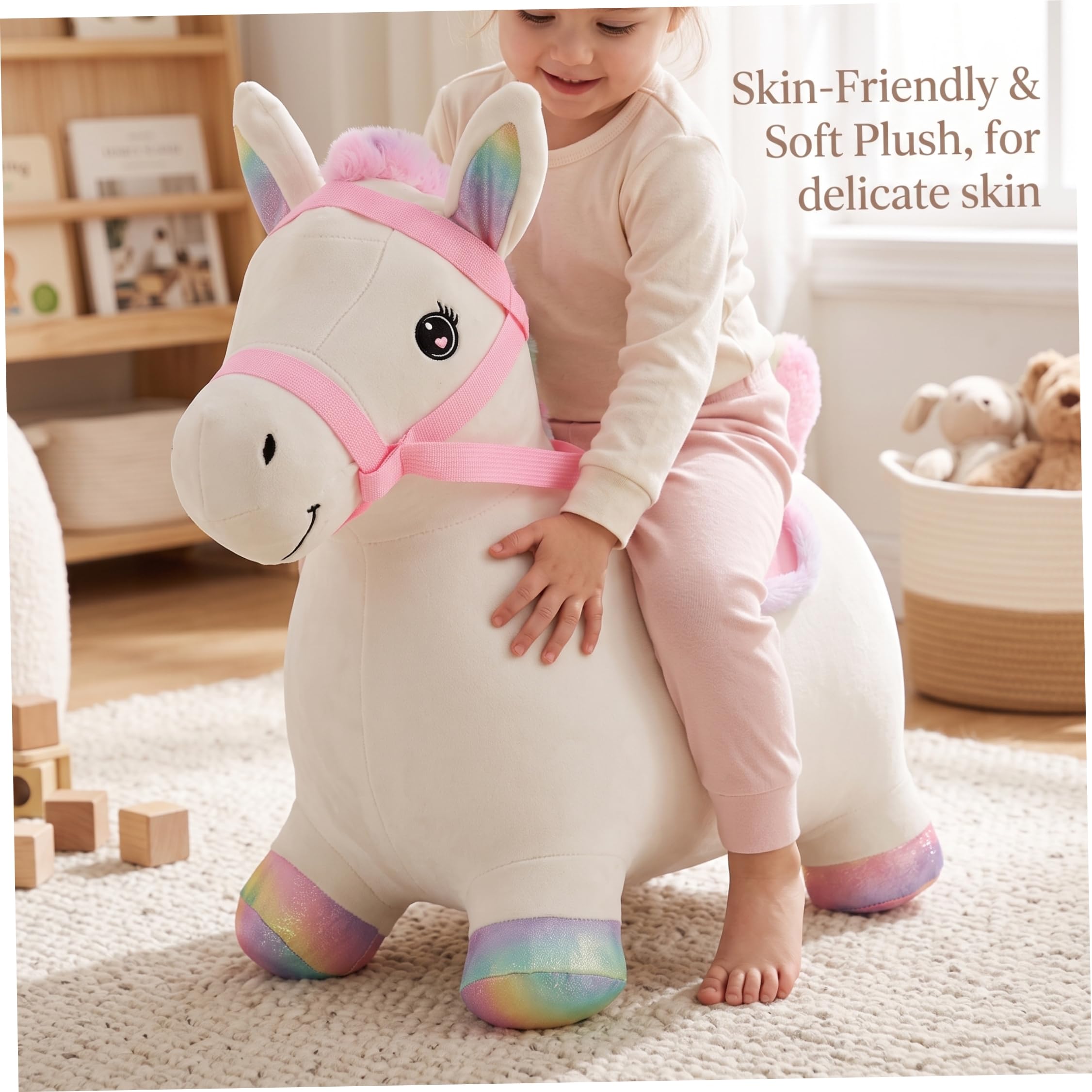 Cavallo Rimbalzante Gonfiabile Giocattolo Cavalcabile Rimbalzante, Copertura Morbida Lavabile, Fodera in PVC Ecologico, 100 libbre, Interno/Esterno, 18+ Mesi Bambini e Neonati