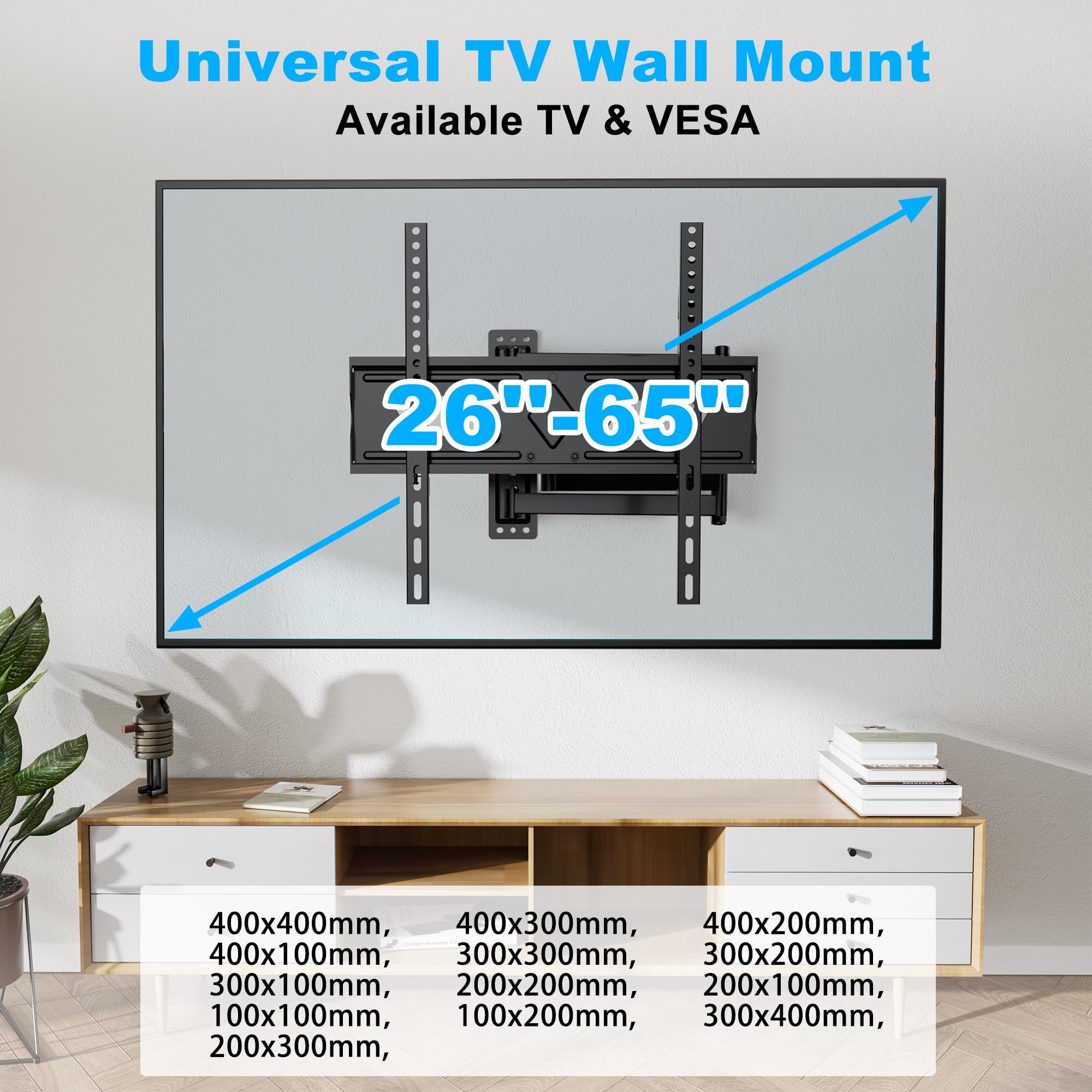 WHYFONE Tv-muurbeugel met lang bereik met scharnierende armen van 1219 mm, 90 graden rotatie draaibare kantelingen verlengt volledige beweging tv-muurbeugel past op tv's en monitoren van 26-65 inch WHYFONE Tv-muurbeugel met lang bereik met scharnierende armen van 1219 mm, 90 graden rotatie draaibare kantelingen verlengt volledige beweging tv-muurbeugel past op tv's en monitoren van 26-65 inch