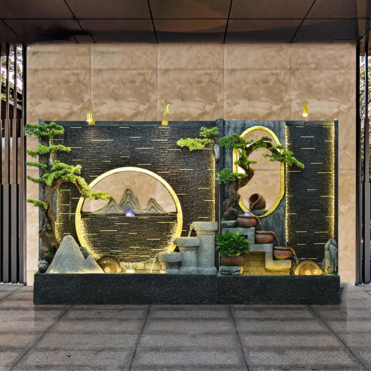 Elegant 73-Inch Stunning Standing Water Fountain with Bonsai and Lantern Design - Perfect for Indoor and Outdoor Use, Rain and UV Protection(#B)