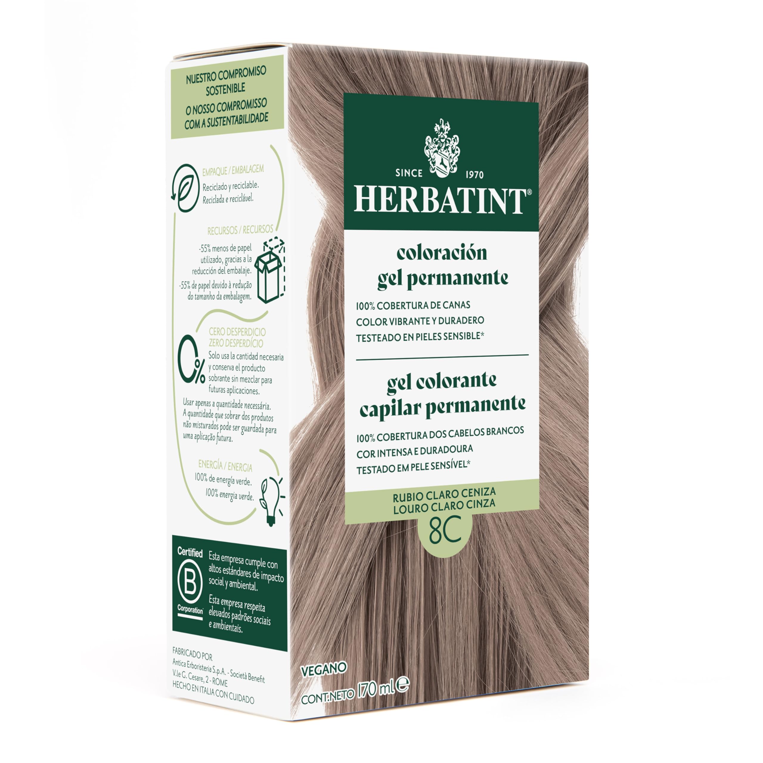 Herbatint Coloración para Cabello en Gel 8C Rubio Claro Ceniza - 170 ml | Sin Amoníaco, Cobertura Óptima de Canas | con 8 Extractos Orgánicos, Ideal para Pieles Sensibles
