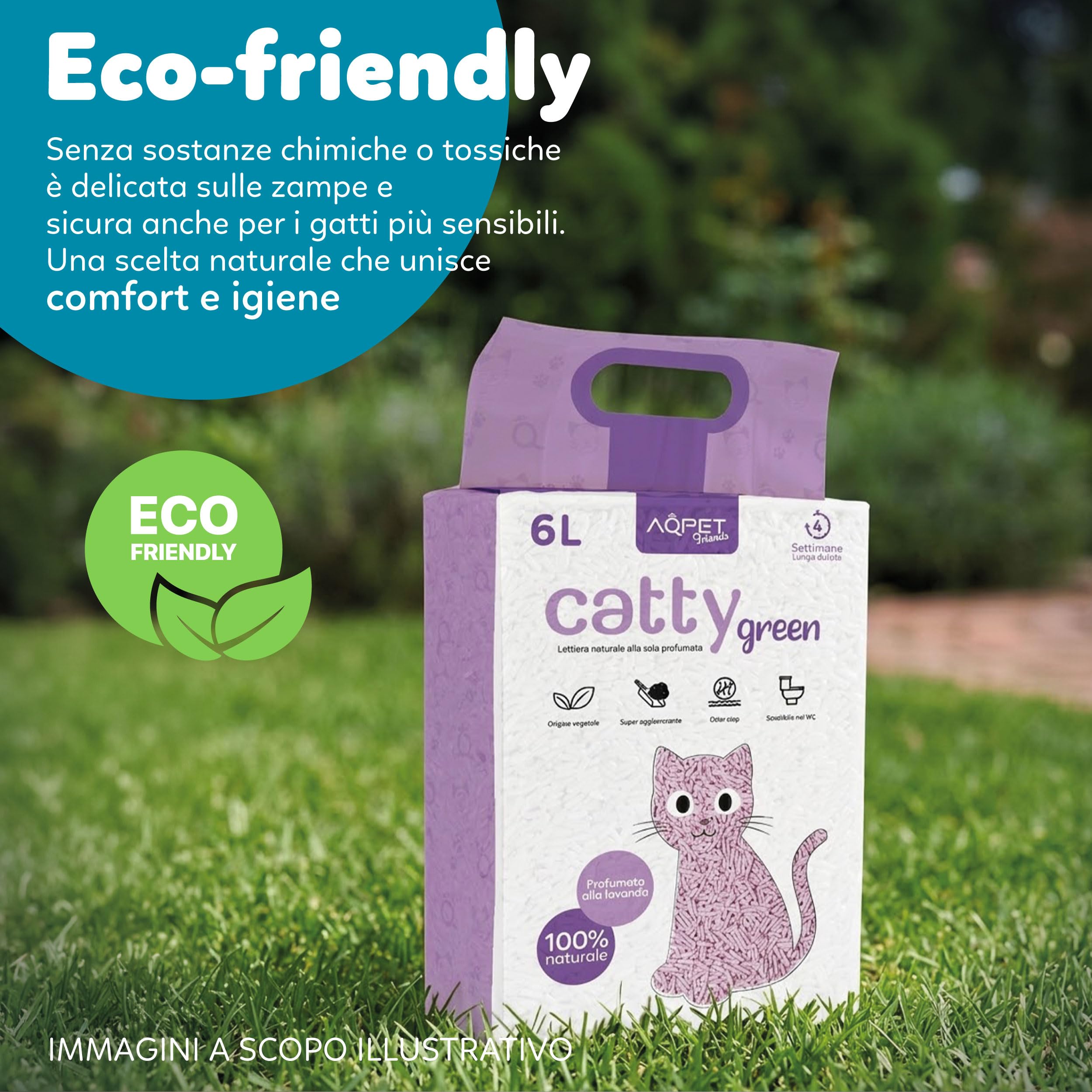 AQPETFRIENDS Lettiera CattyGreen Soia Naturale per Gatti, Agglomerante Vegetale Biodegradabile alla Lavanda, Sabbia Antiodore Smaltibile nel WC, 100% Eco-Friendly, 36 Litri