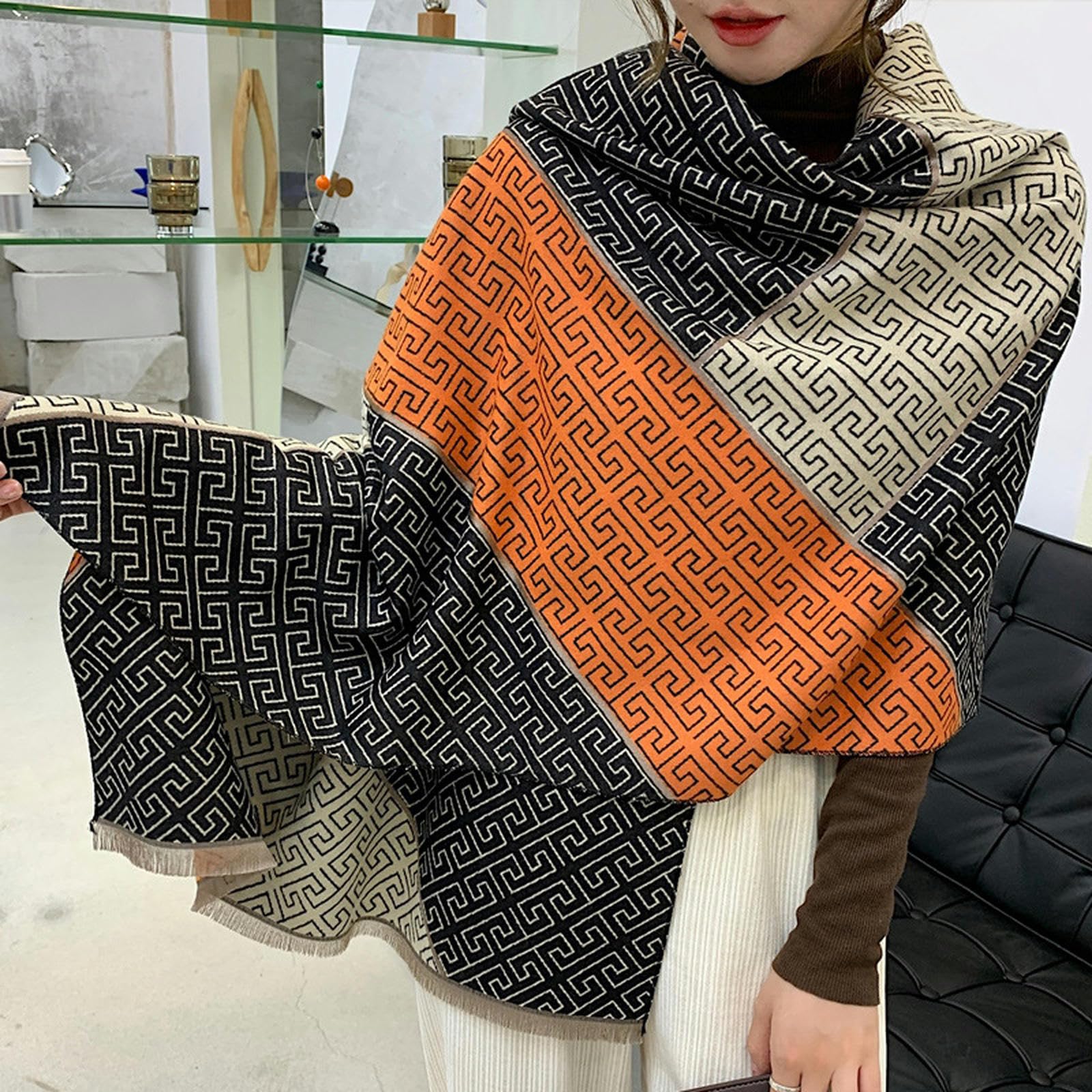 Sciarpa Donna Sciarpa Femminile Imitazione Cashmere Neck Scarf Autumn E Inverno A Forma di Sciallo Lungo A Forma di Scialpa A Doppia Faccia-Arancia Nera
