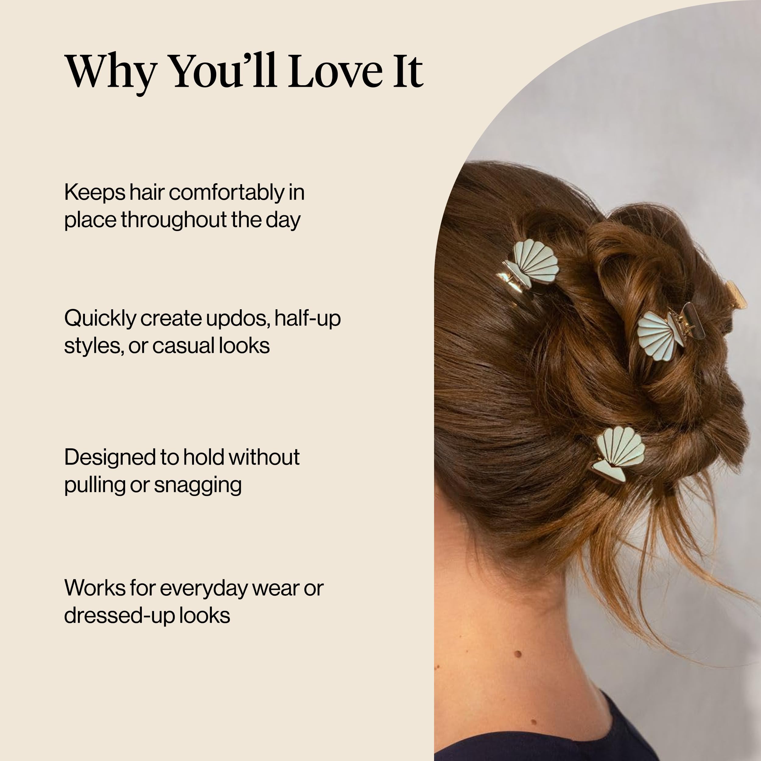 Kitsch Pinzas para el pelo de concha de almeja, lindas pinzas para el pelo inspiradas en la playa, accesorios de metal para el cabello de sujeción fuerte durante todo el día para mujeres, elegante