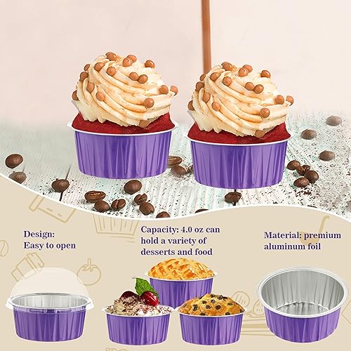 Miniatura 124 de 50 moldes para hornear con tapas, mini moldes de aluminio de 4 onzas con tapas, moldes desechables, moldes individuales para tartas, forros