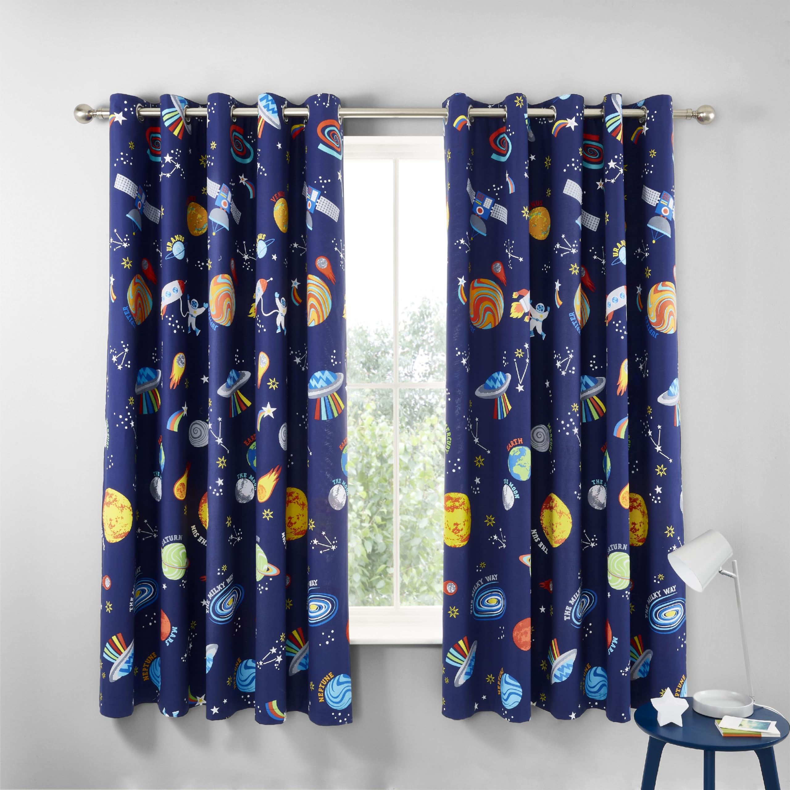 Catherine Lansfield Lost In Space 66X72 Inch Fully Reversible Two Curtain Panels Grey/blue from B&Q