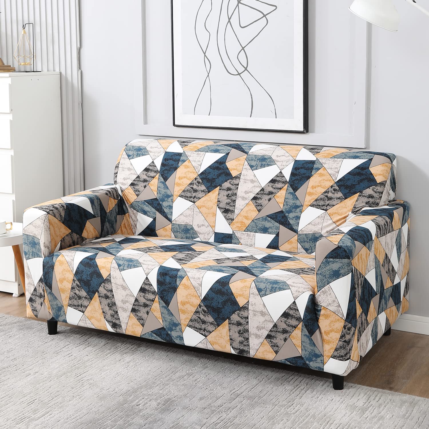 HOKIPO Sofa Cover 2 Seater Fully Covered, Multicolor Geometric Print