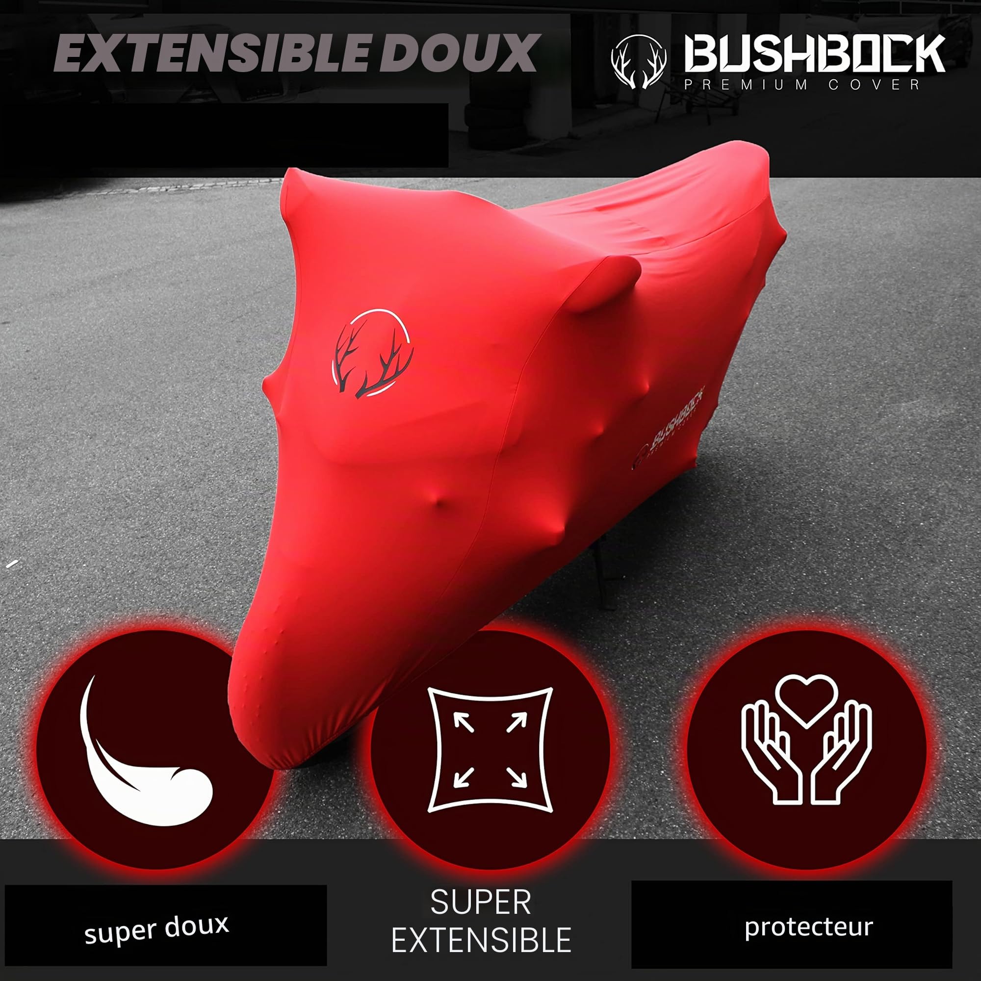 BUSHBOCK Premium Bâche BUSHBOCK® Premium Bâche d'intérieur pour Moto, Protection Contre la poussière, Tissu élastique en Velours Respirant (ML, Rouge)
