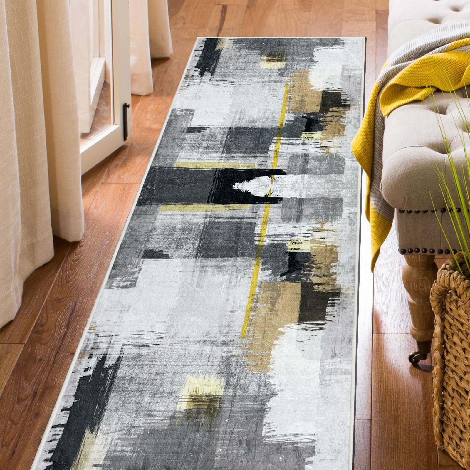 FREADEM Machine Washable Runner Rugs 3' x 9', Non Slip Non Shedding Carpet Area Rugs with TPR Rubber Backing, Low Pile Rugs for Indoor Bedroom