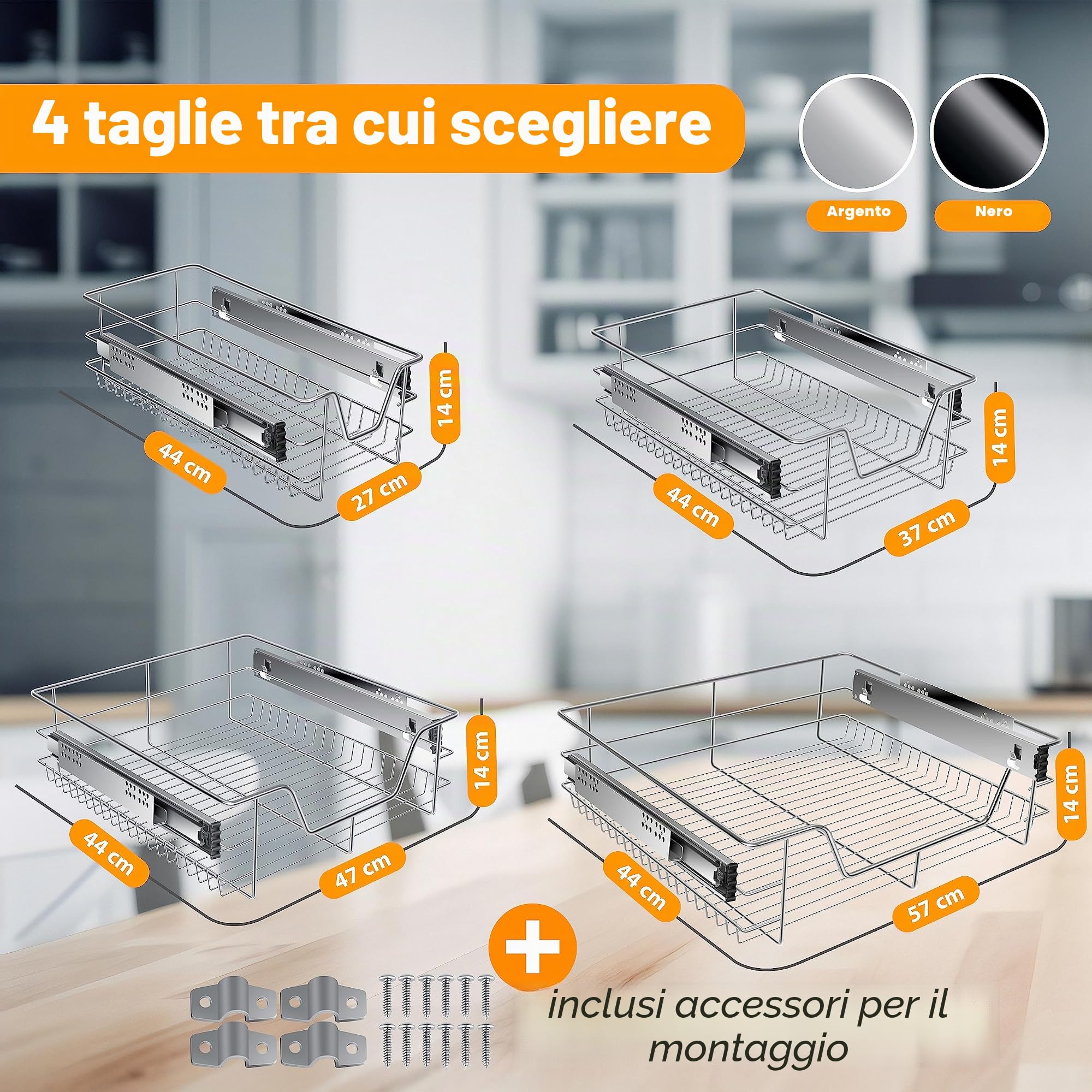 KESSER® Cassetto Telescopico - 4x 60cm ✓ Cassetto per Cucina ✓ Armadio per Cucina ✓ Cestello estraibile ✓ Armadio estraibile ✓ Cassetto ad estrazione totale ✓ Cassetto - Argento