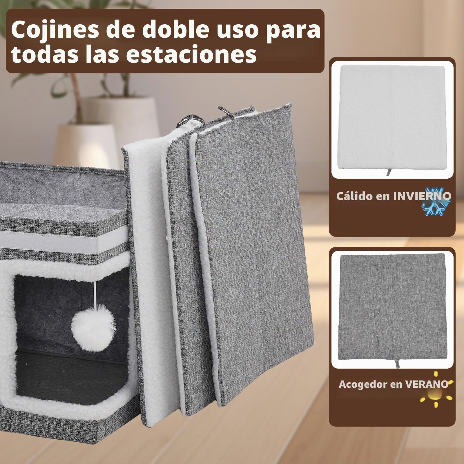 Casa para Gatos para Interiores, Plegable con Tabla para rascar, Pelota de Juego, Cueva para Varios Gatos, 3 Pisos, casa para Gatos, Cama para Gatos, 40x40x63 cm, Gris