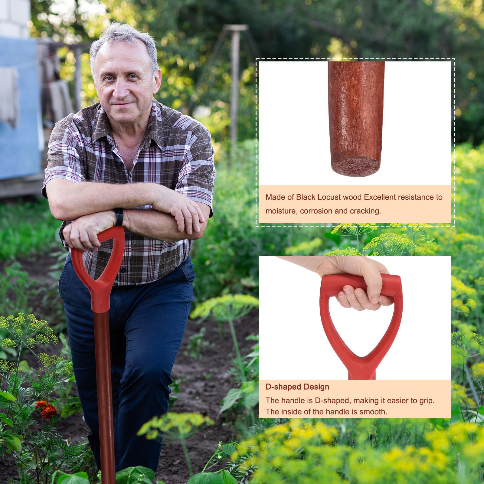 QUARKZMAN Mango De Pala De Reemplazo 47.24" X 1.38" Mangos Largos De Madera Tipo D para Palas con Empuñadura Tipo D Accesorios De Jardín para Herramientas De Cavar Y Rastrillar Rojo