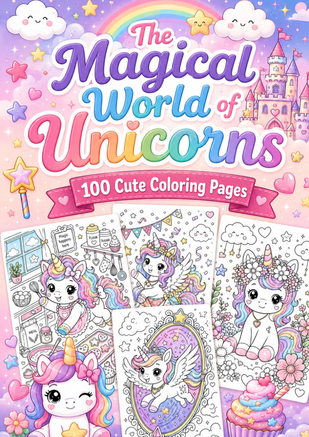 The Magical World of Unicorns - 100 Cute Coloring Pages for Kids Ages 4-8: A Magical Unicorn Coloring Book with Adorable Unicorns, Rainbows, Castles, Flowers and Fantasy Adventures for Girls and Boys