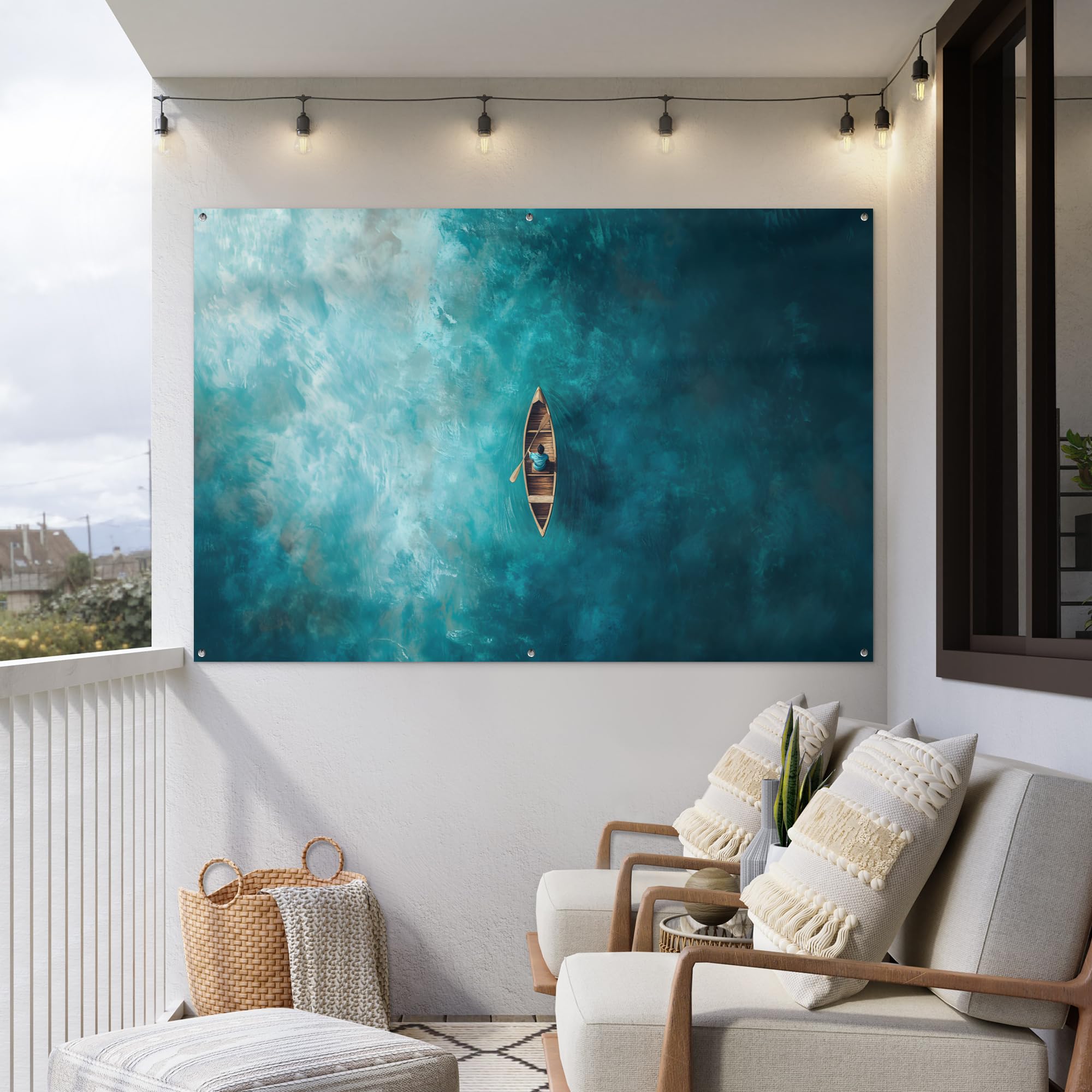 MuchoWow© Decoracion Jardin Exterior Decoración Pared Póster De Jardín | 180x120 cm - Balcón Wall Decoration Patio Posters Decorativos Terraza Barco - Agua - Azul