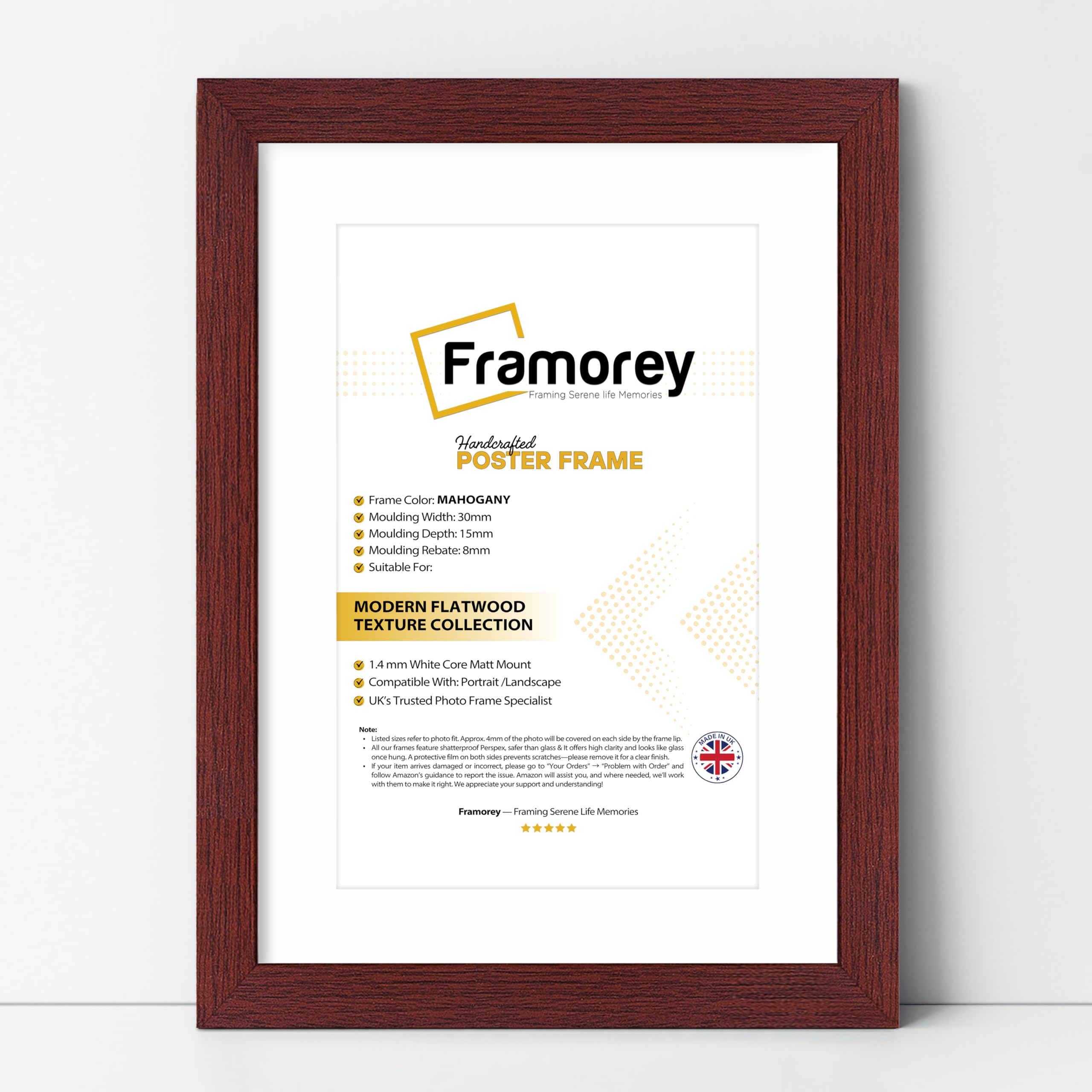 FRAMOREY Oxford Flat Wooden Effect Picture Frame, Mahogany 60x70CM Size Photo Frame With 50x60CM White Mount, Handmade Wall Art Poster Frame, Best Living Room Photo Frames